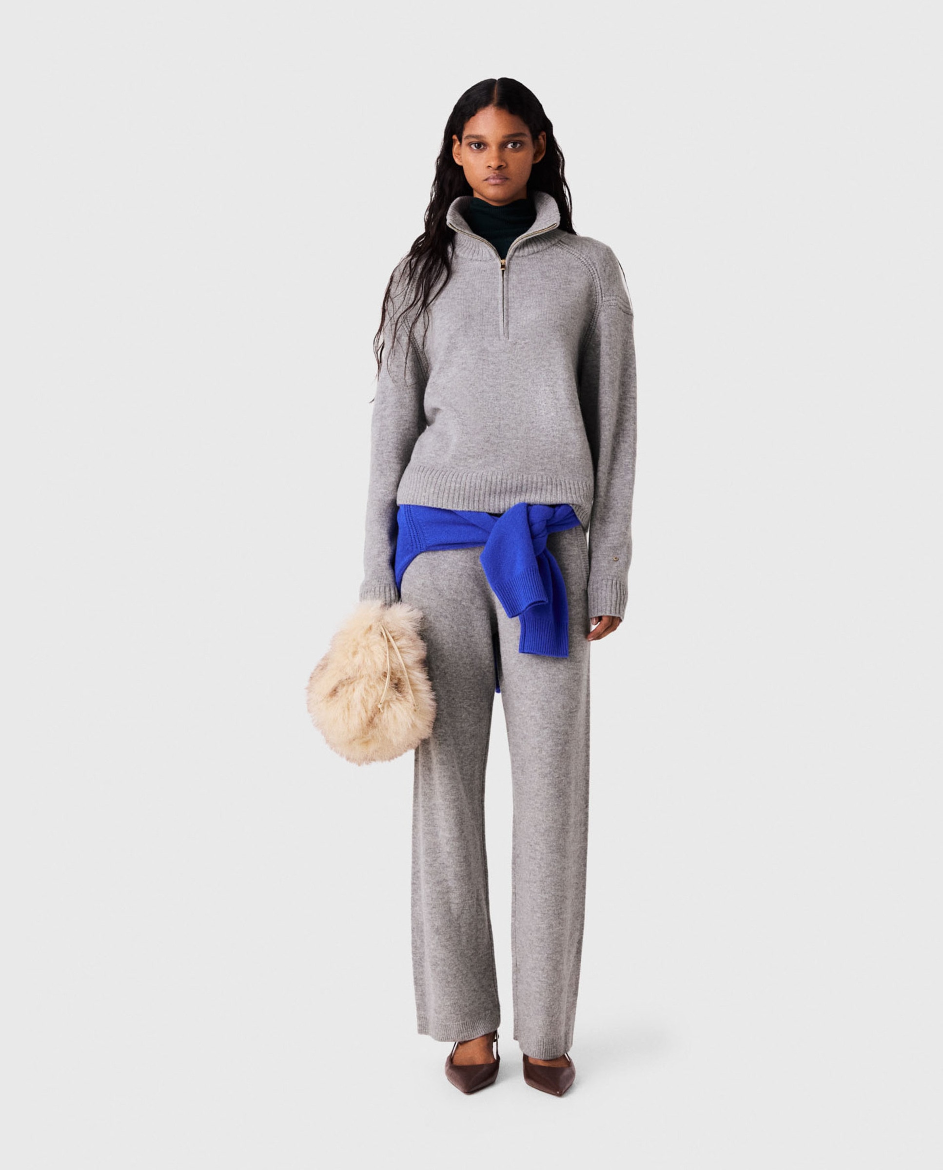 Jersey de mujer de mezcla de lana con cuello alto y cremallera, mangas raglán - Maje - Gris claro Gris claro-4