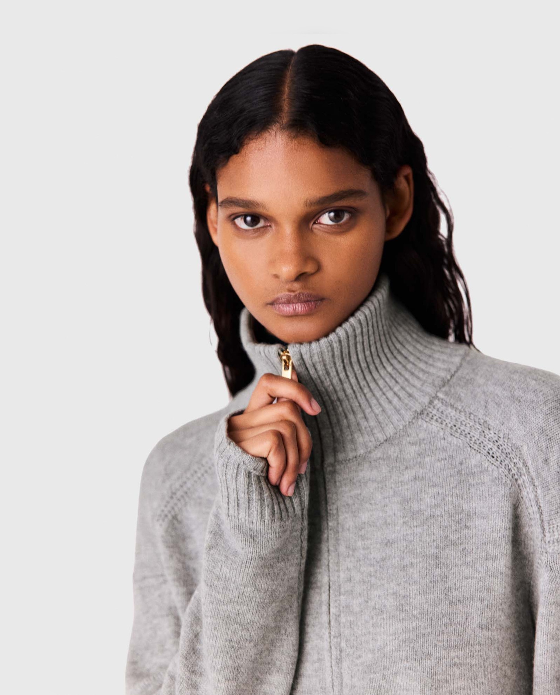 Jersey de mujer de mezcla de lana con cuello alto y cremallera, mangas raglán - Maje - Gris claro Gris claro-5