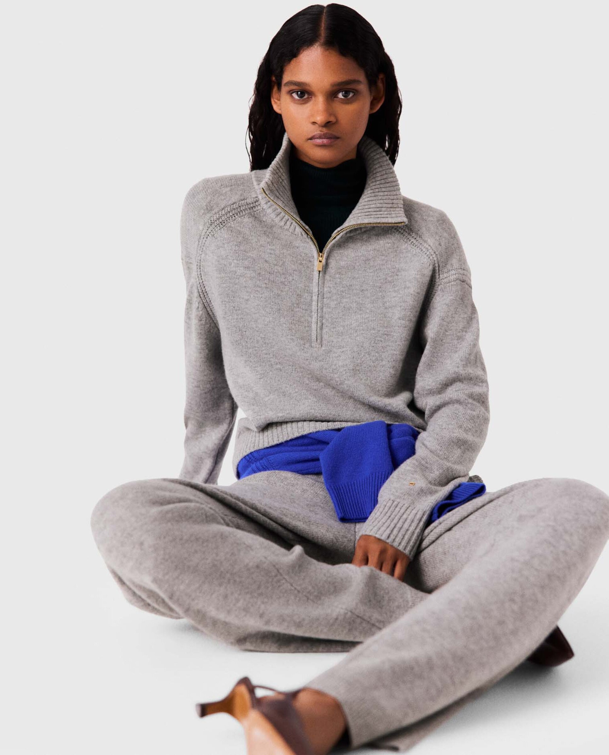 Jersey de mujer de mezcla de lana con cuello alto y cremallera, mangas raglán - Maje - Gris claro Gris claro-6