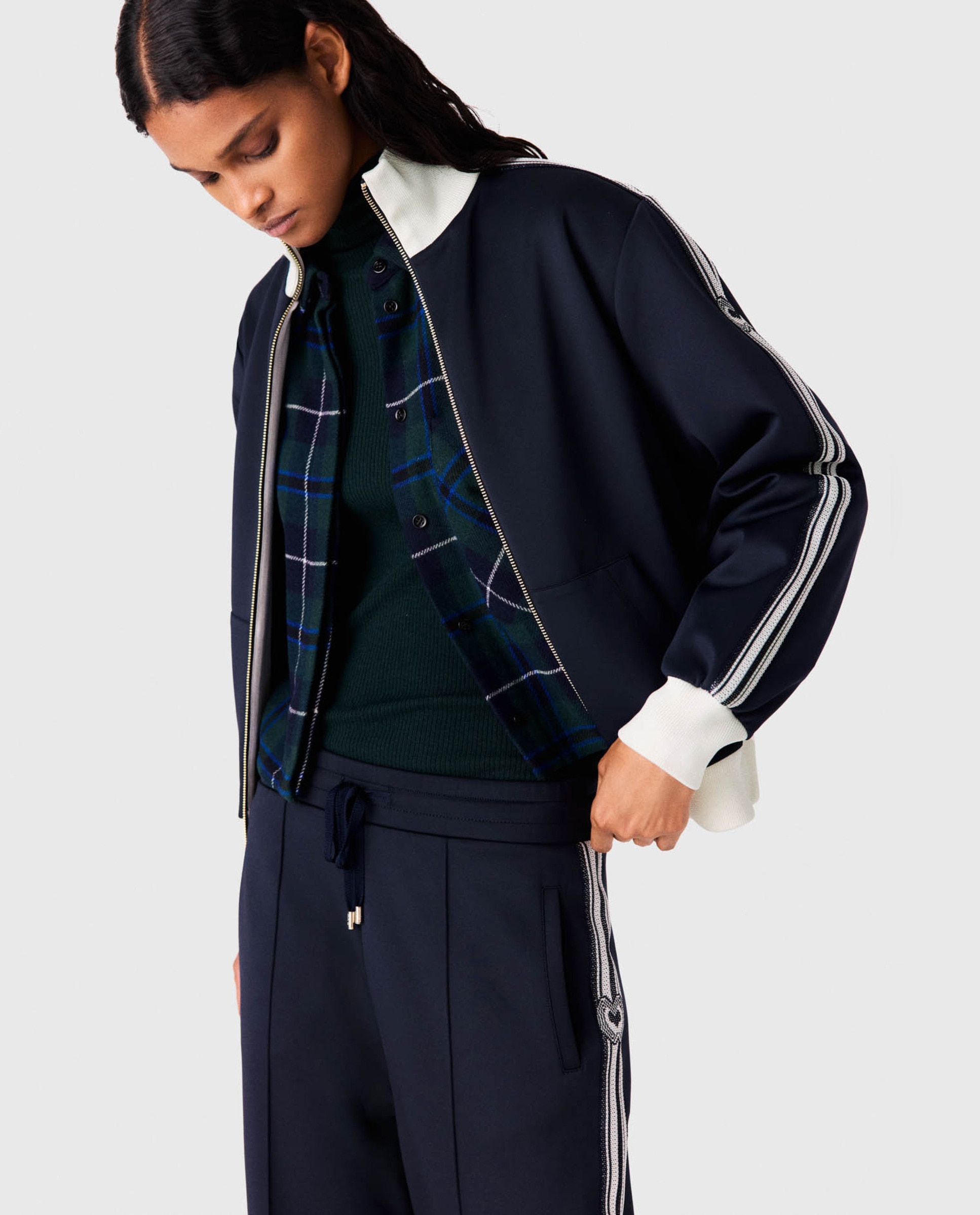 Sudadera con cremallera de mujer de cuello alto con galones de rayas - Maje - Azul marino Azul marino-1
