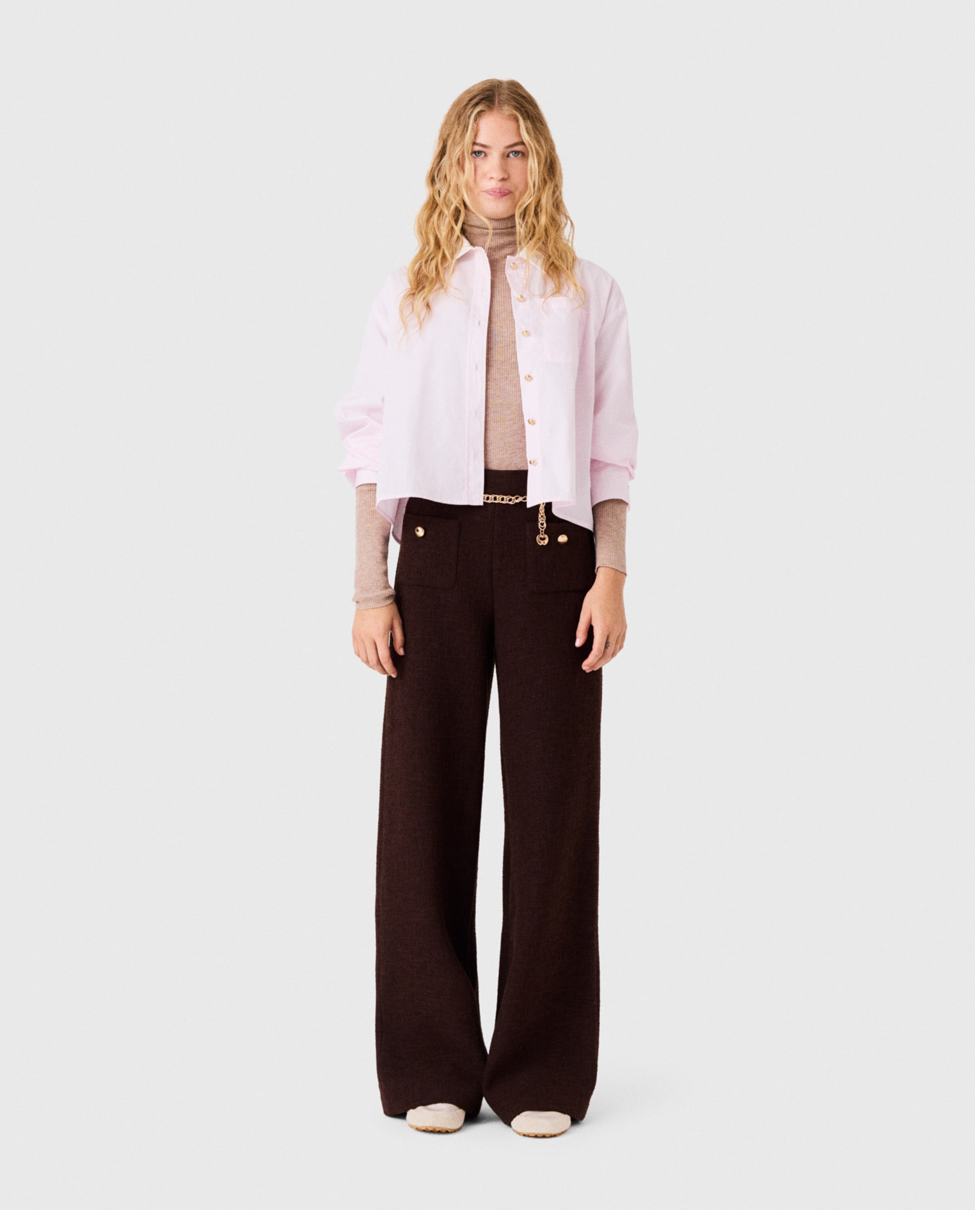 Imagen 0 de Pantalones anchos de mujer rectos de tweed Marrón oscuro
