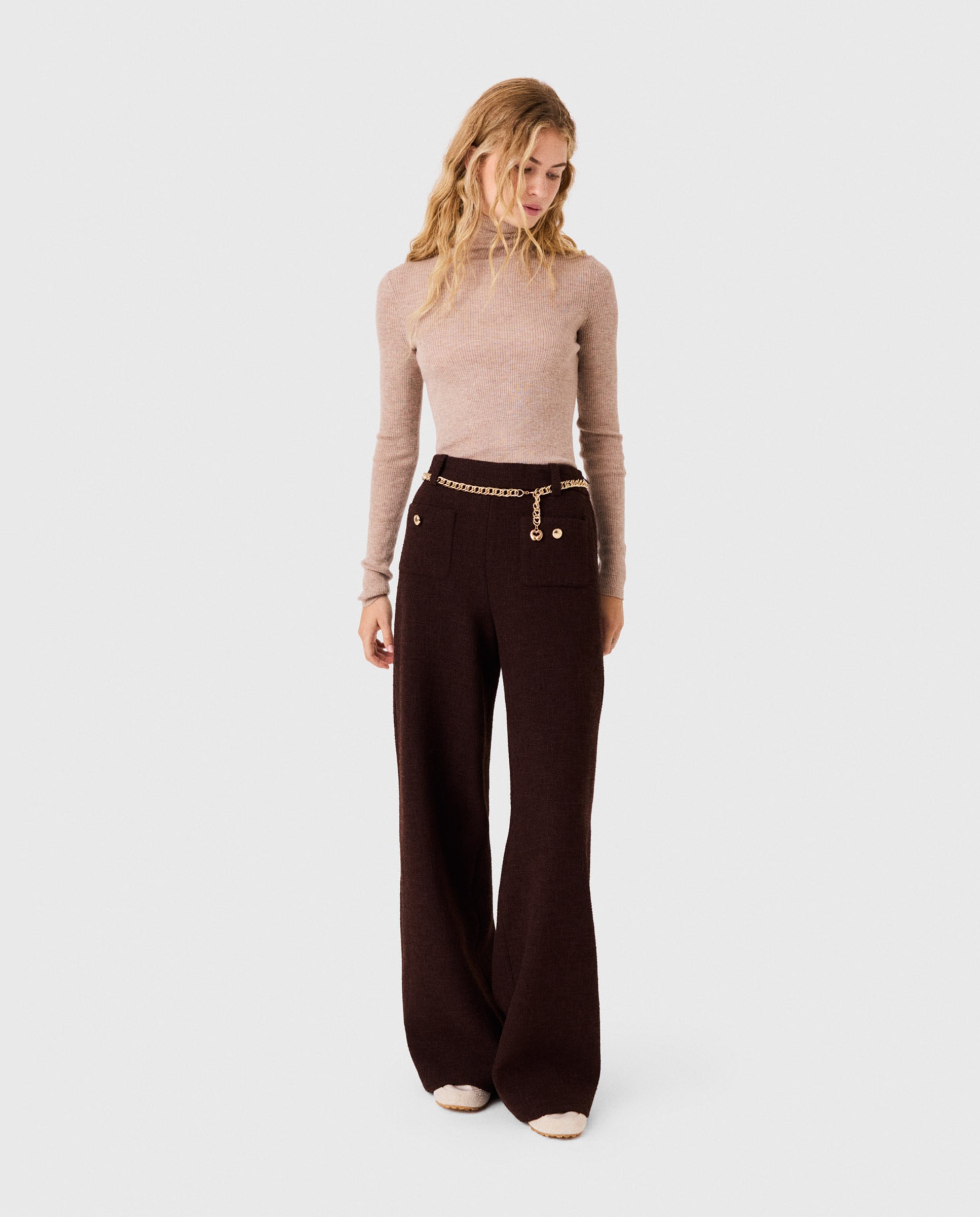 Pantalones anchos de mujer rectos de tweed - Maje - Marrón oscuro Marrón oscuro-3