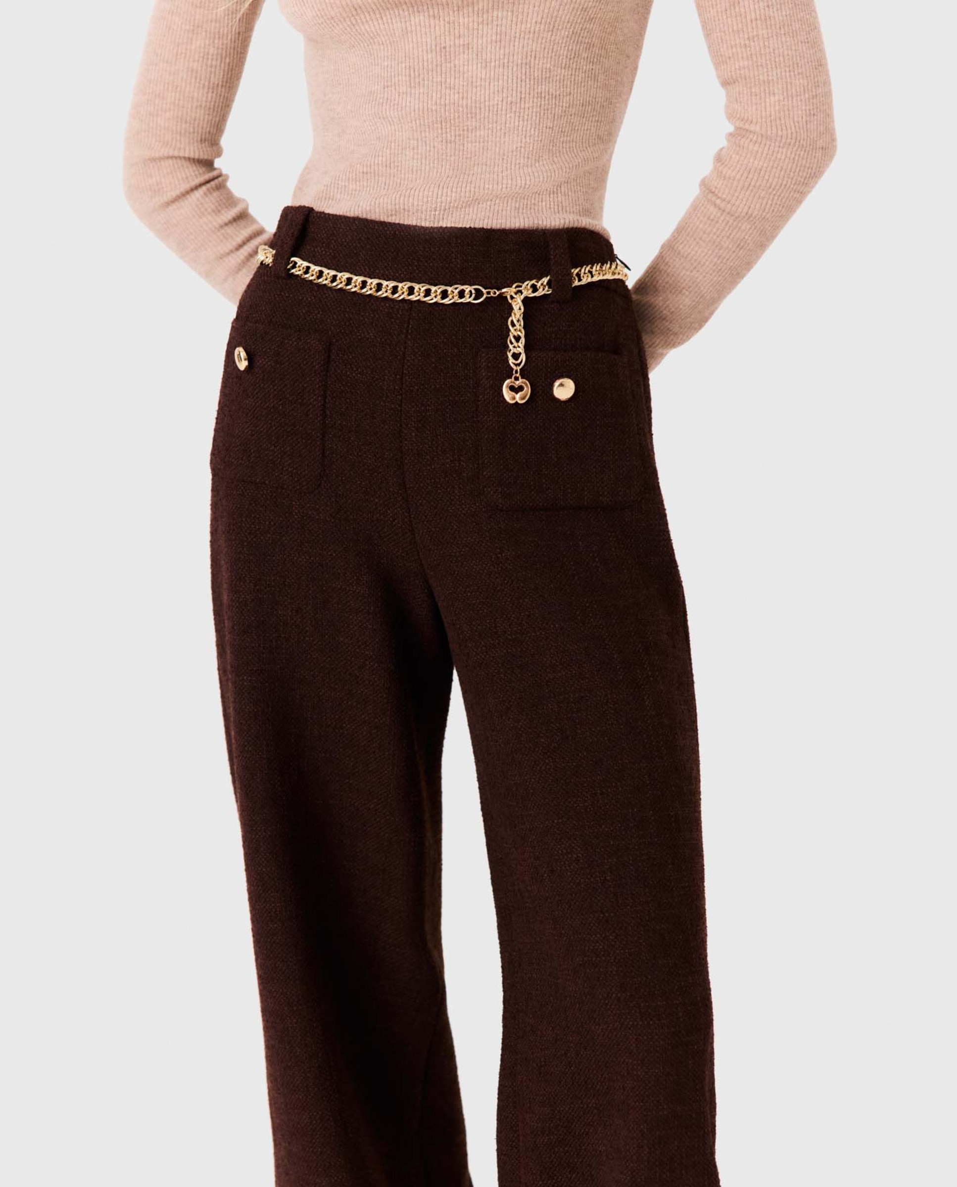 Pantalones anchos de mujer rectos de tweed - Maje - Marrón oscuro Marrón oscuro-4