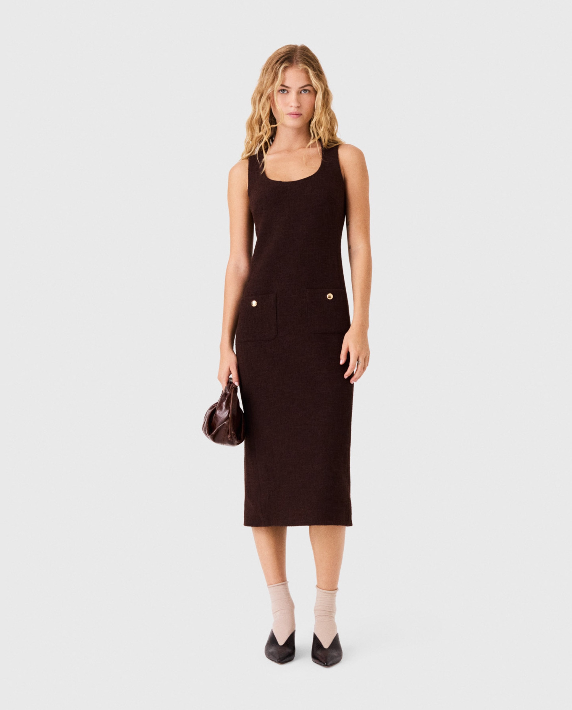 Vestido midi de tweed de corte recto - Maje - Marrón oscuro Marrón oscuro-1