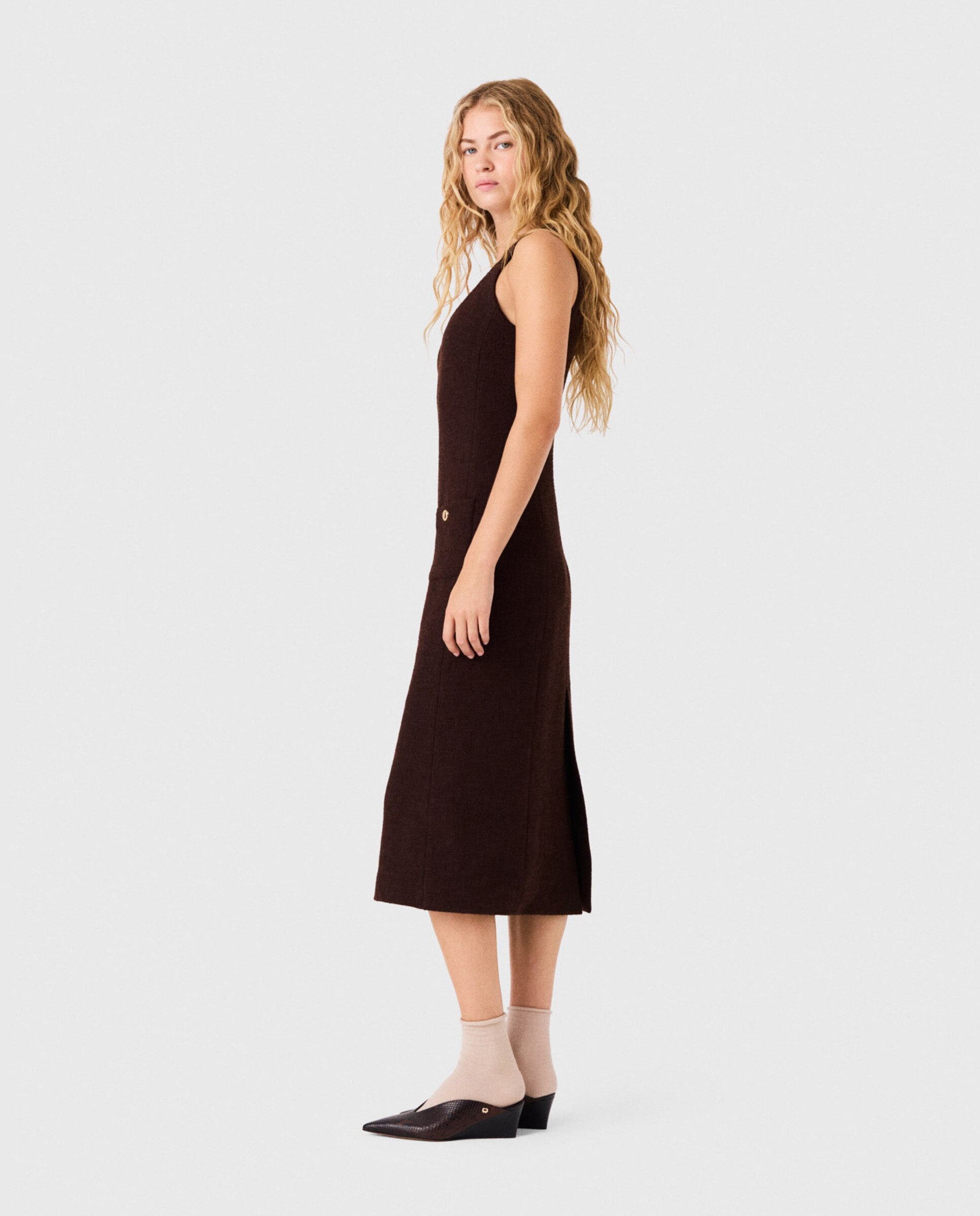 Vestido midi de tweed de corte recto - Maje - Marrón oscuro Marrón oscuro-2