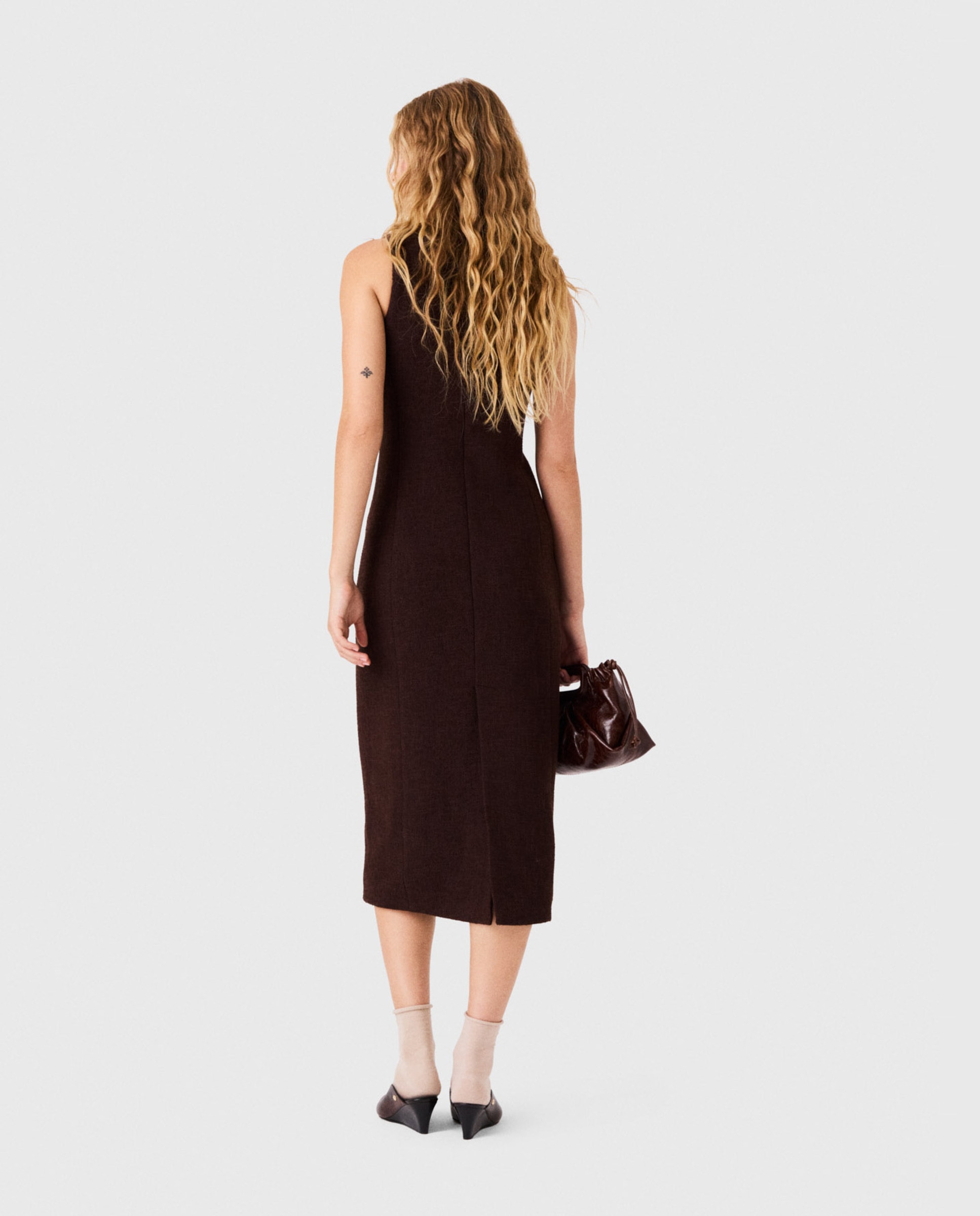 Vestido midi de tweed de corte recto - Maje - Marrón oscuro Marrón oscuro-3