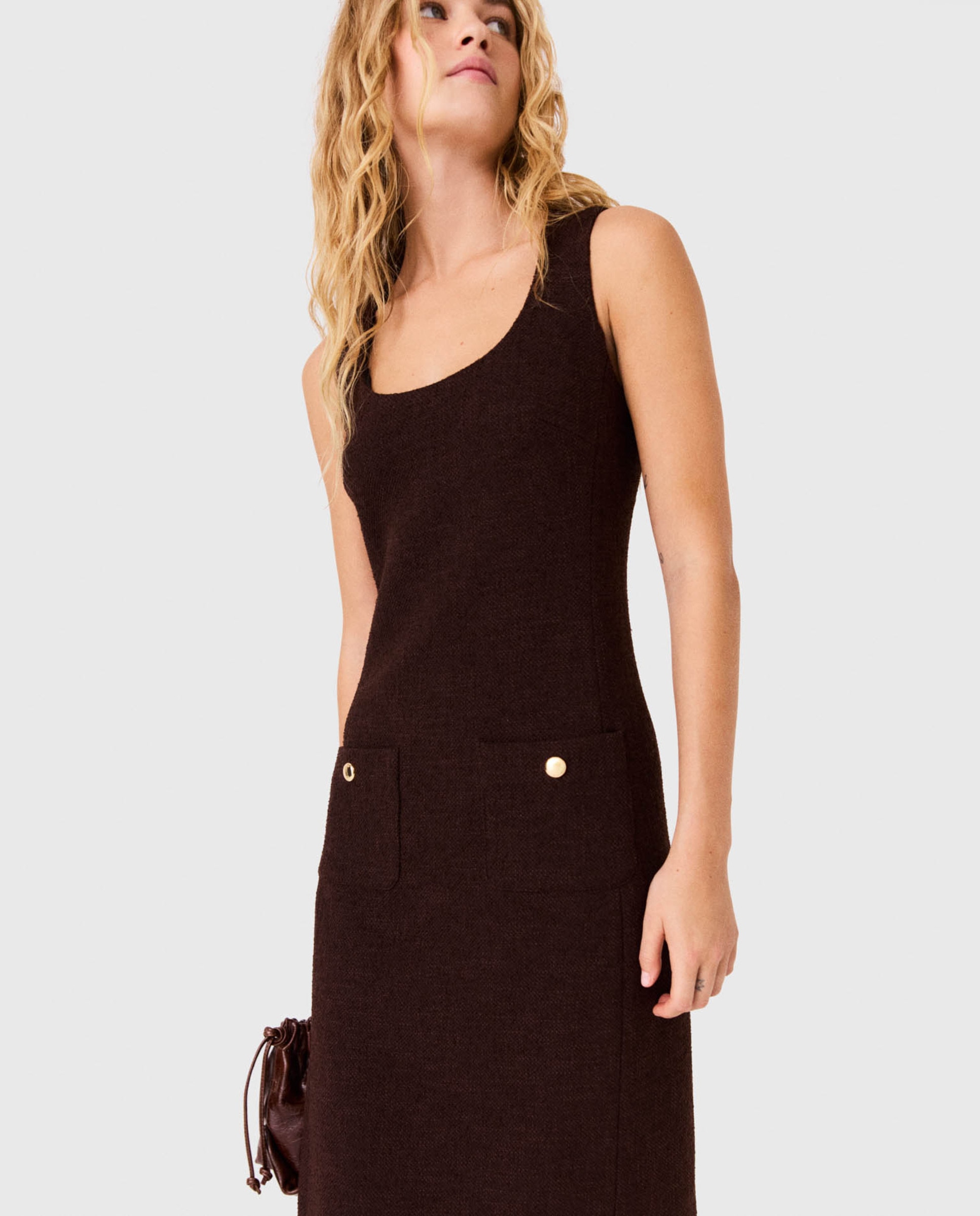 Vestido midi de tweed de corte recto - Maje - Marrón oscuro Marrón oscuro-4
