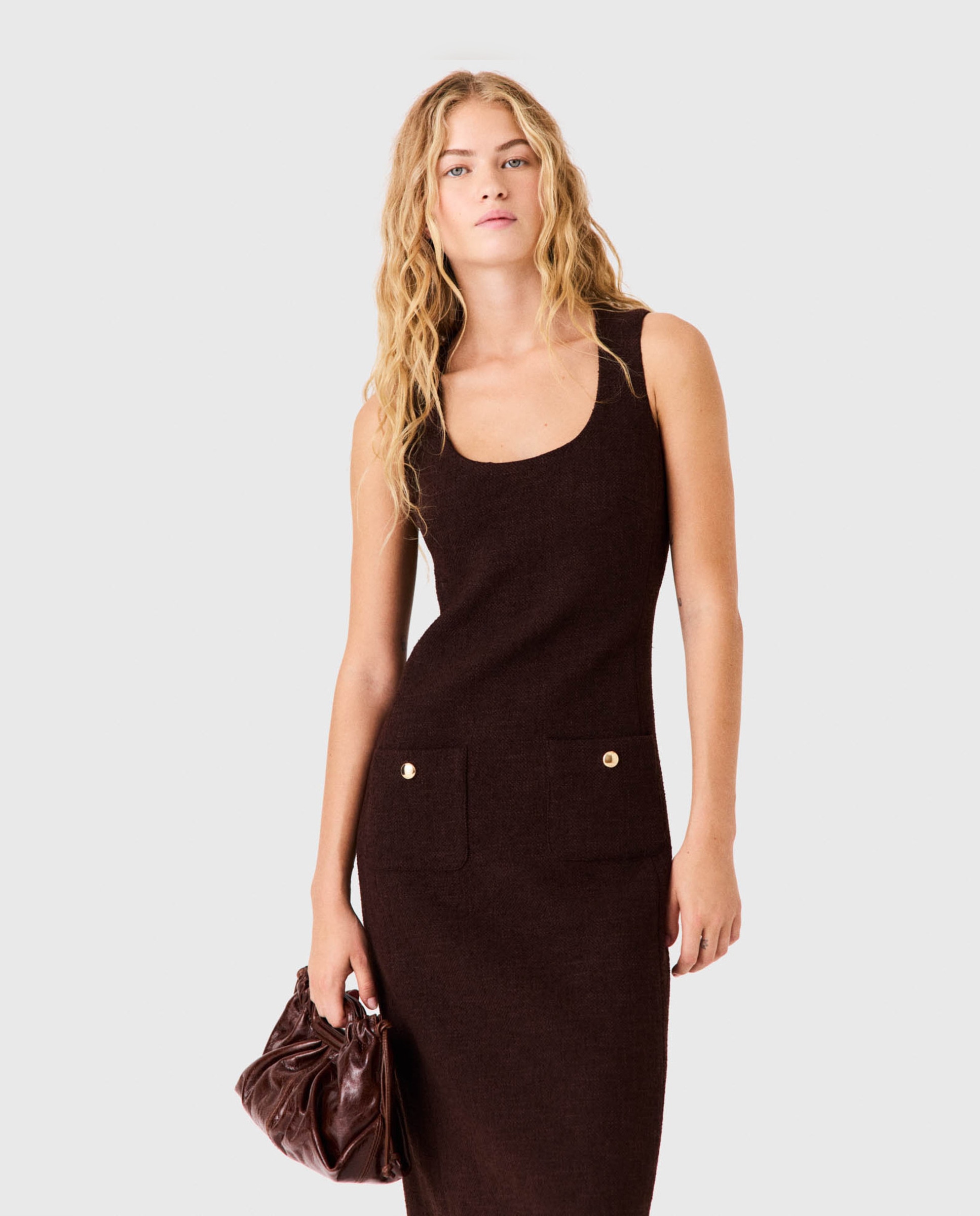 Vestido midi de tweed de corte recto - Maje - Marrón oscuro Marrón oscuro-5