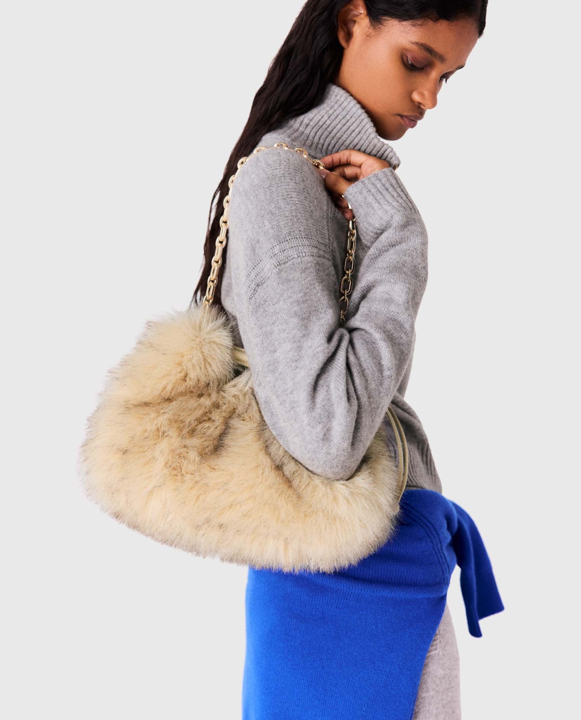 Bolso de hombro de mujer efecto pelo - Maje - Beige Beige-5