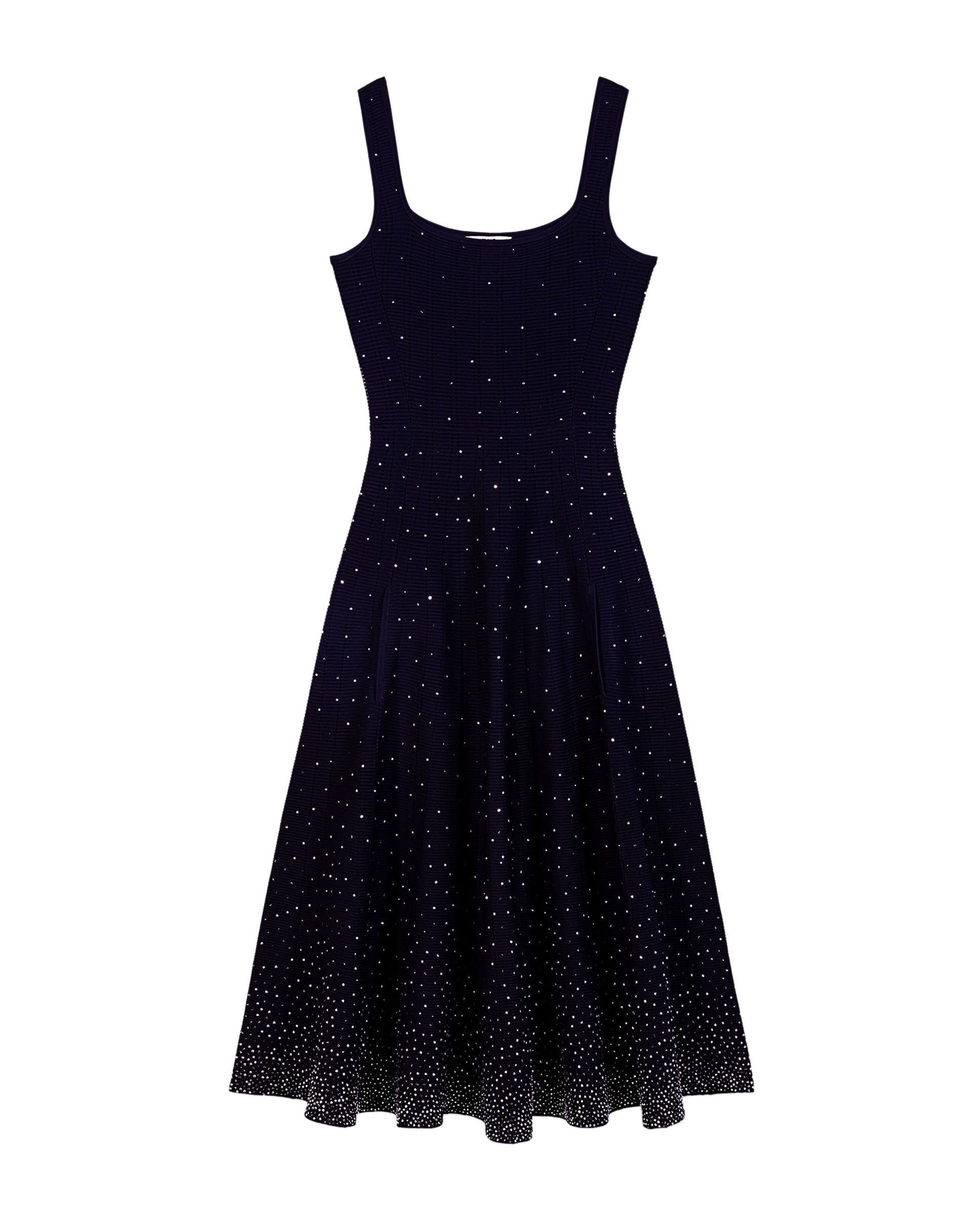 Vestido largo acampanado de punto acanalado con strass - Maje - Azul marino Azul marino-8