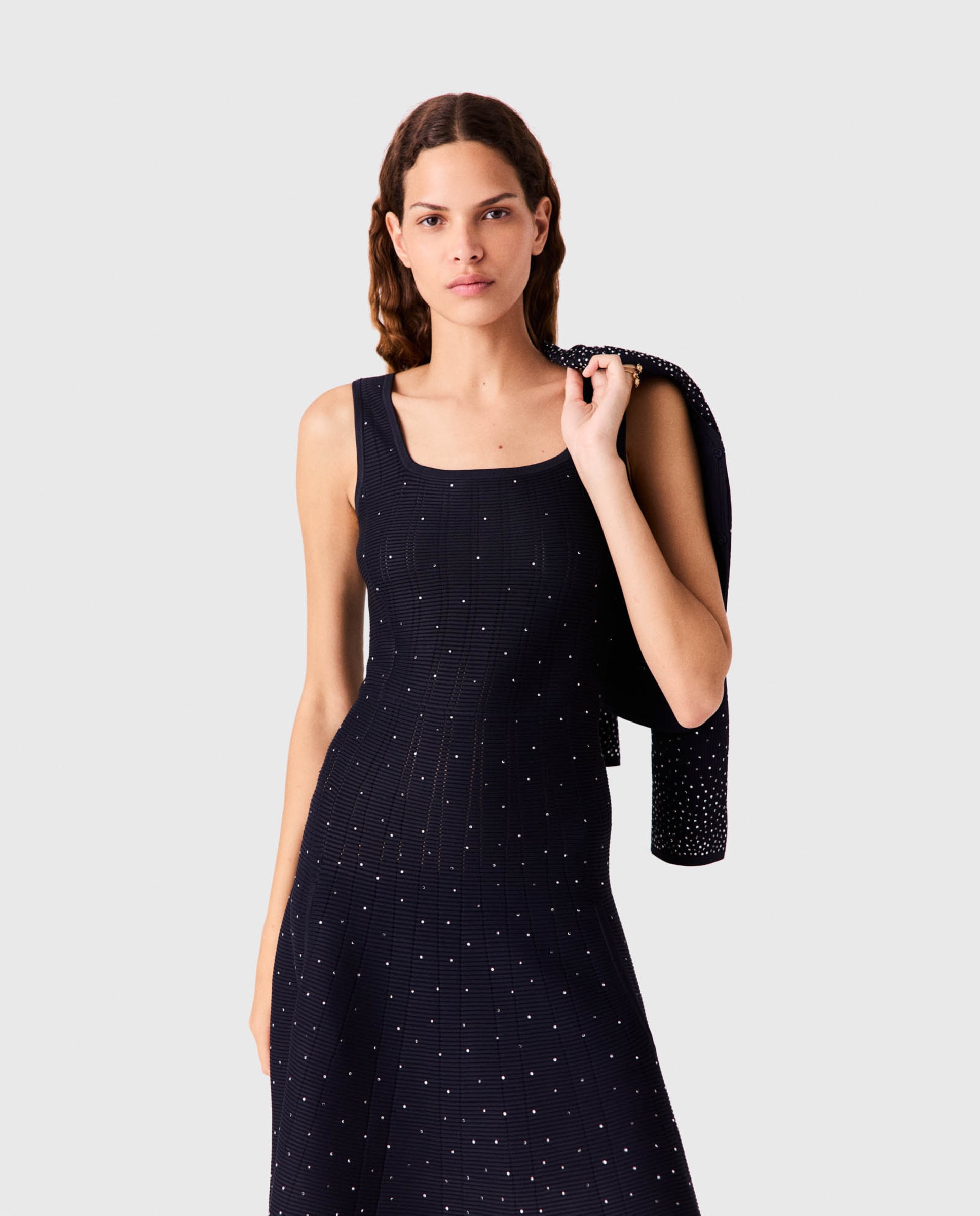 Vestido largo acampanado de punto acanalado con strass - Maje - Azul marino Azul marino-6