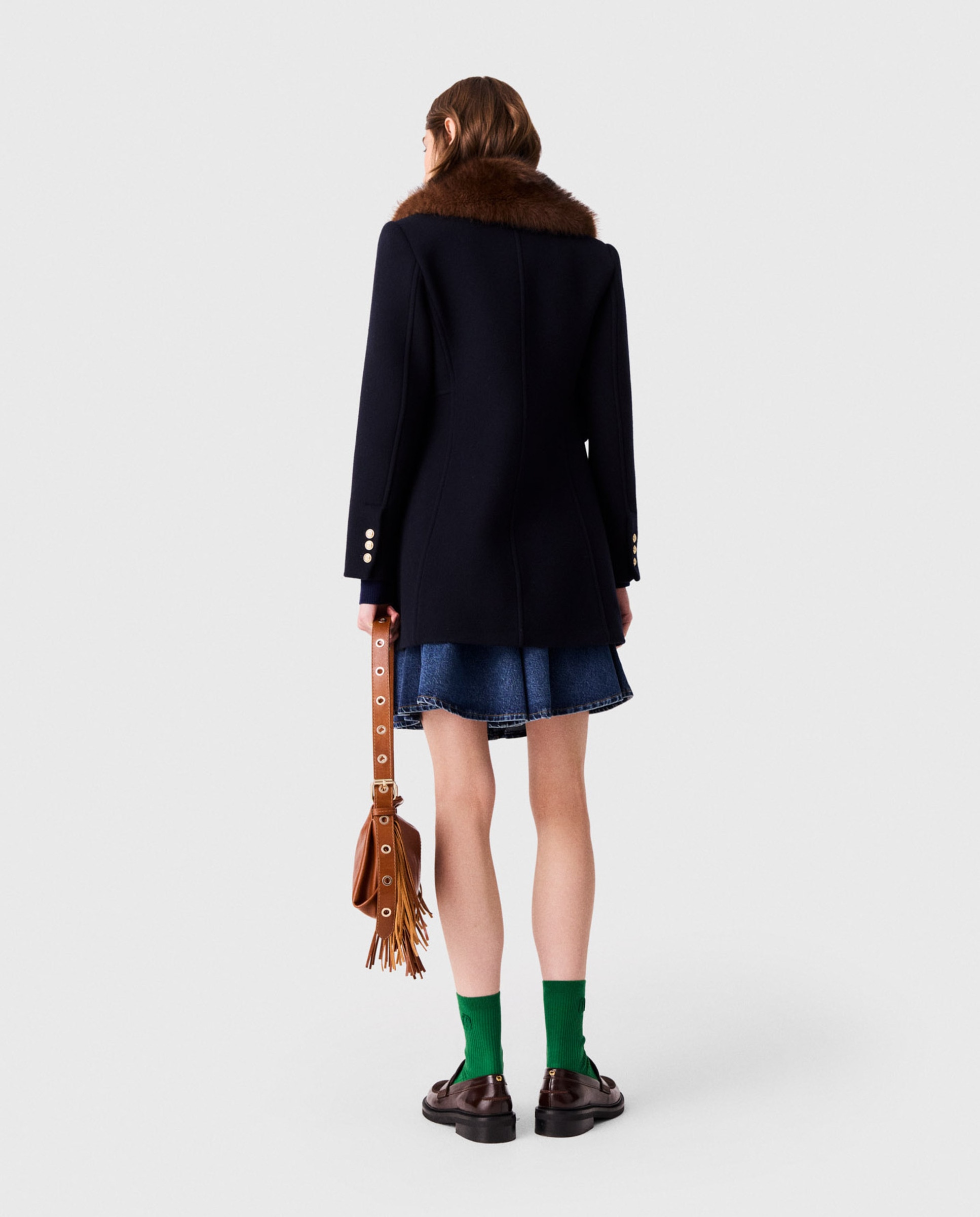 Abrigo de mujer de mezcla de lana con cuello de pelo sintético desmontable - Maje - Azul marino Azul marino-2