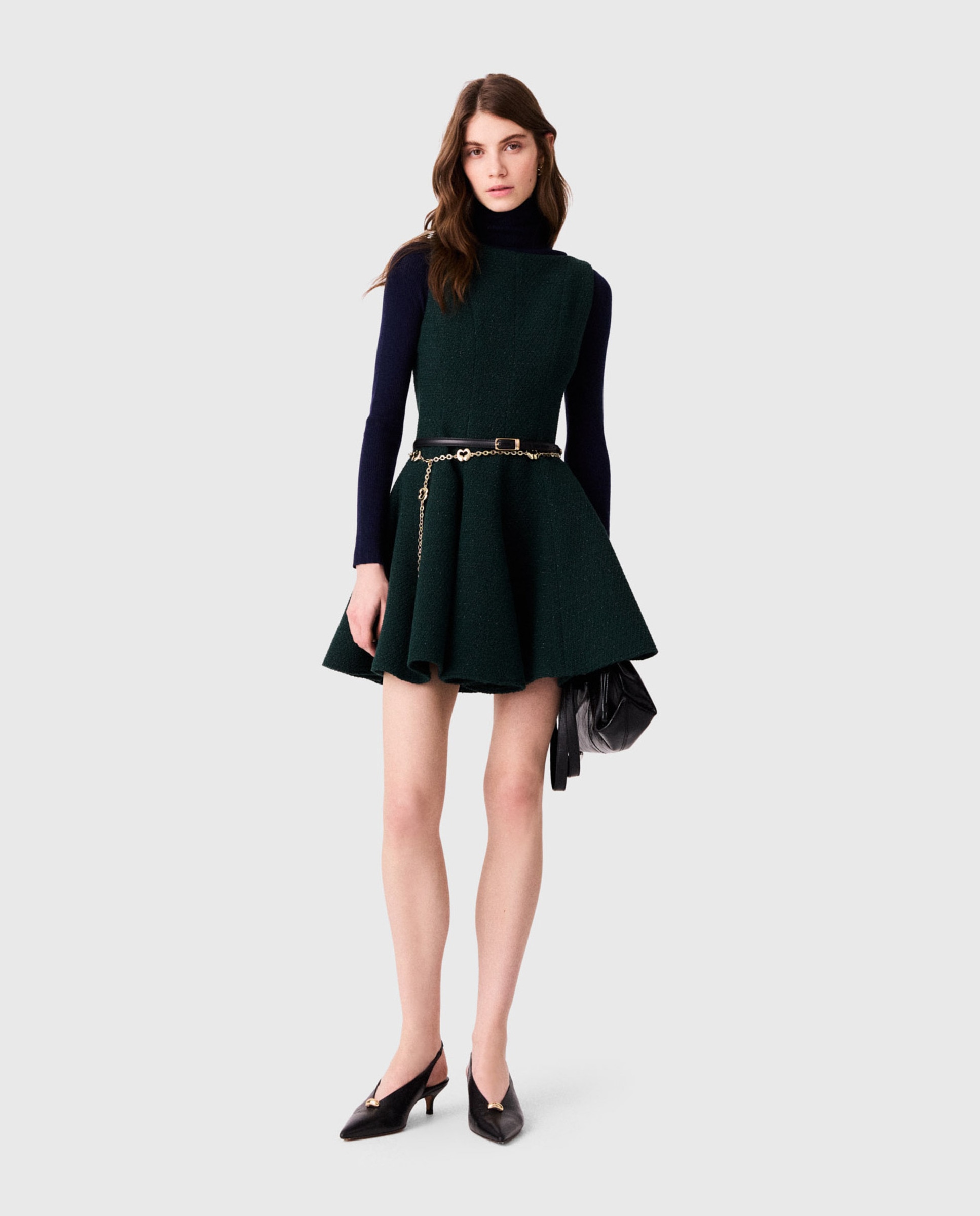 Vestido corto sin mangas de tweed de algodón con falda acampanada - Maje - Verde Verde-1