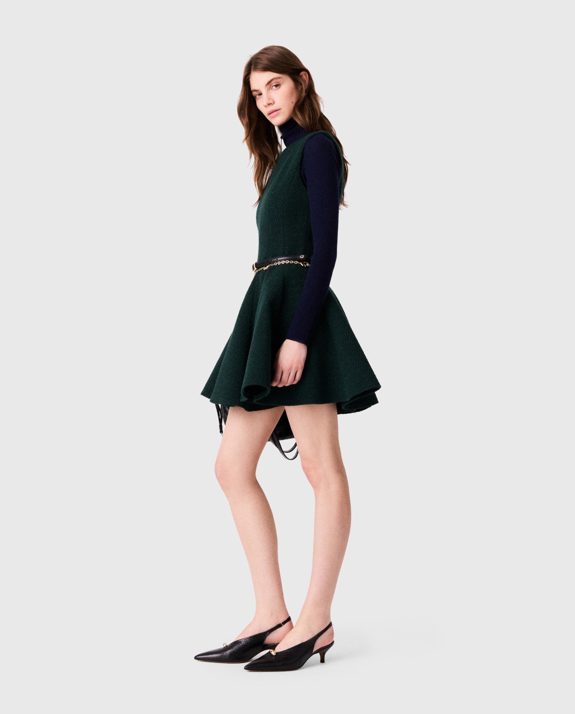 Vestido corto sin mangas de tweed de algodón con falda acampanada - Maje - Verde Verde-2
