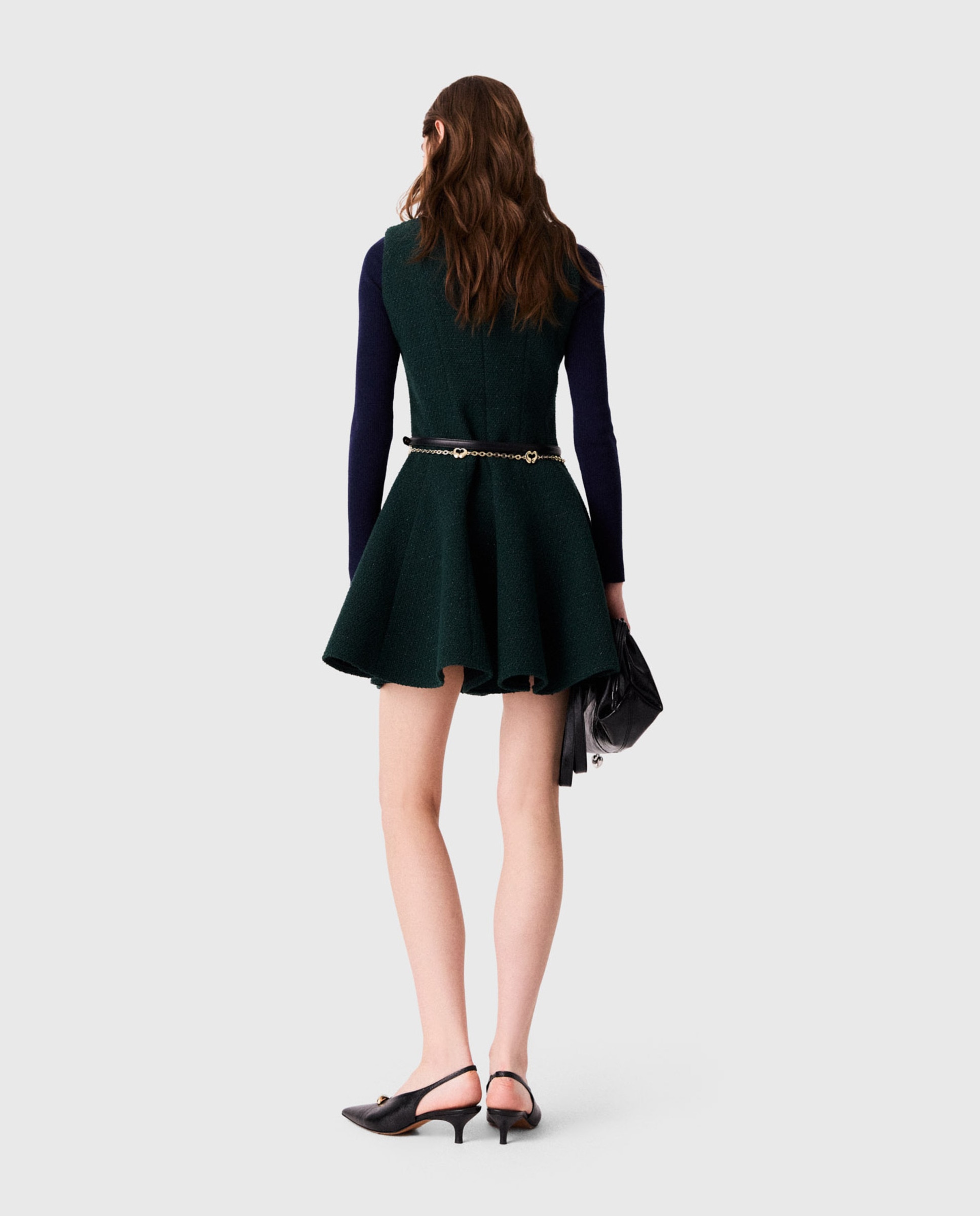 Vestido corto sin mangas de tweed de algodón con falda acampanada - Maje - Verde Verde-3
