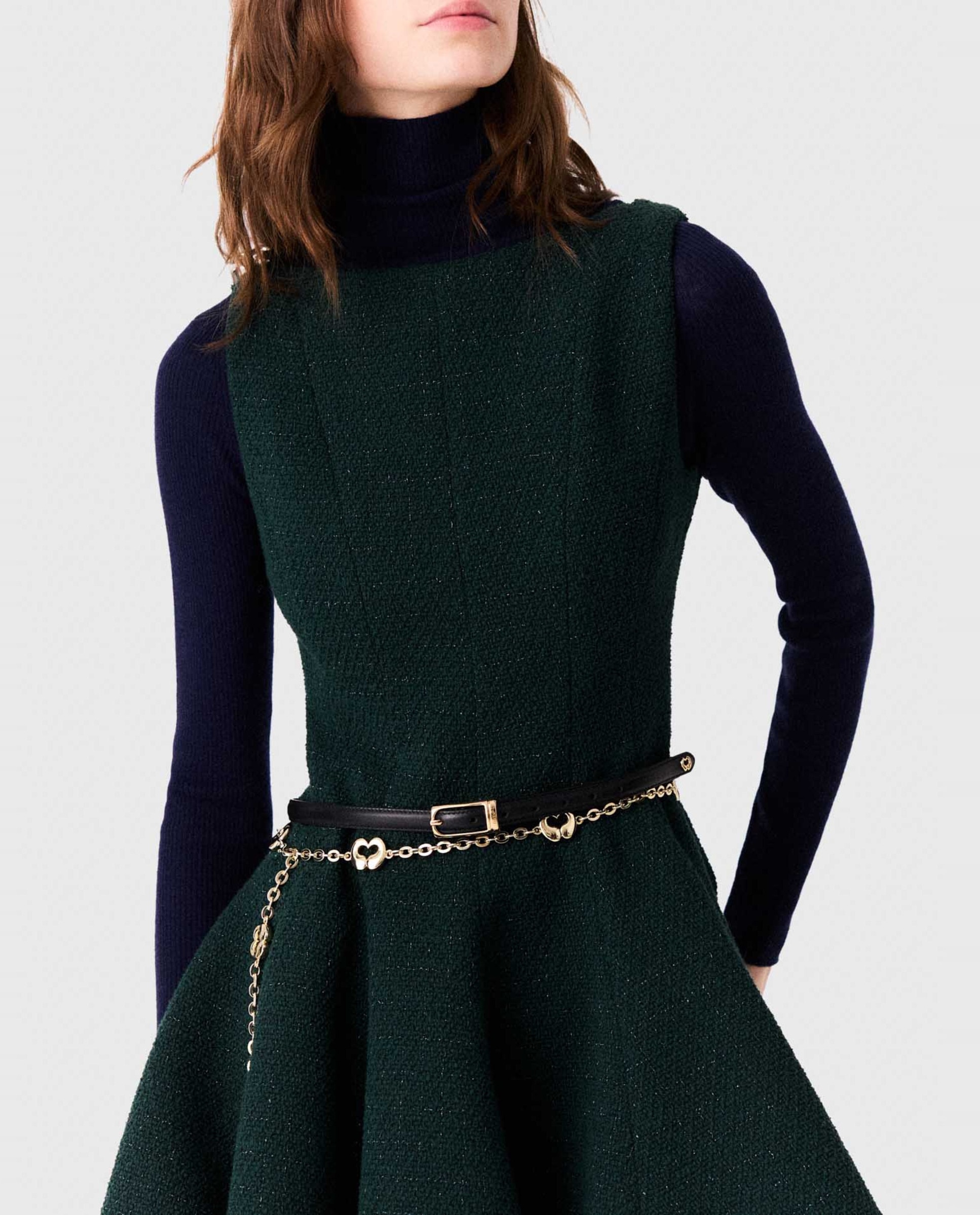 Vestido corto sin mangas de tweed de algodón con falda acampanada - Maje - Verde Verde-4