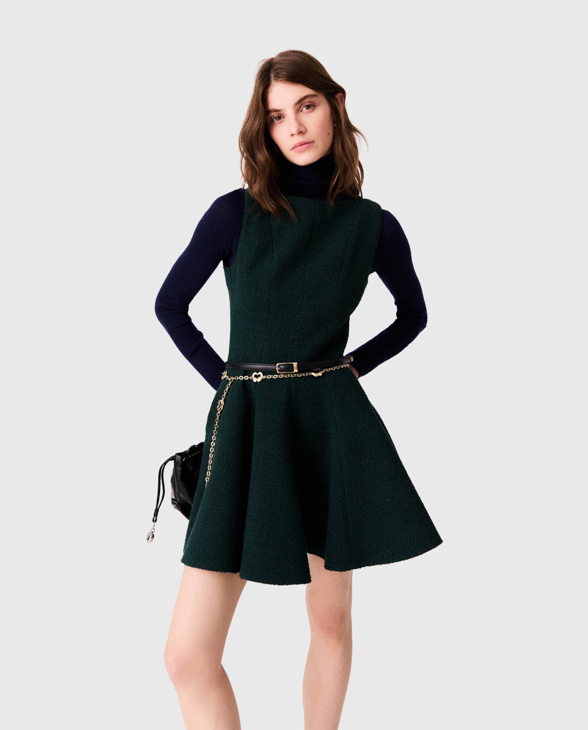 Vestido corto sin mangas de tweed de algodón con falda acampanada - Maje - Verde Verde-5
