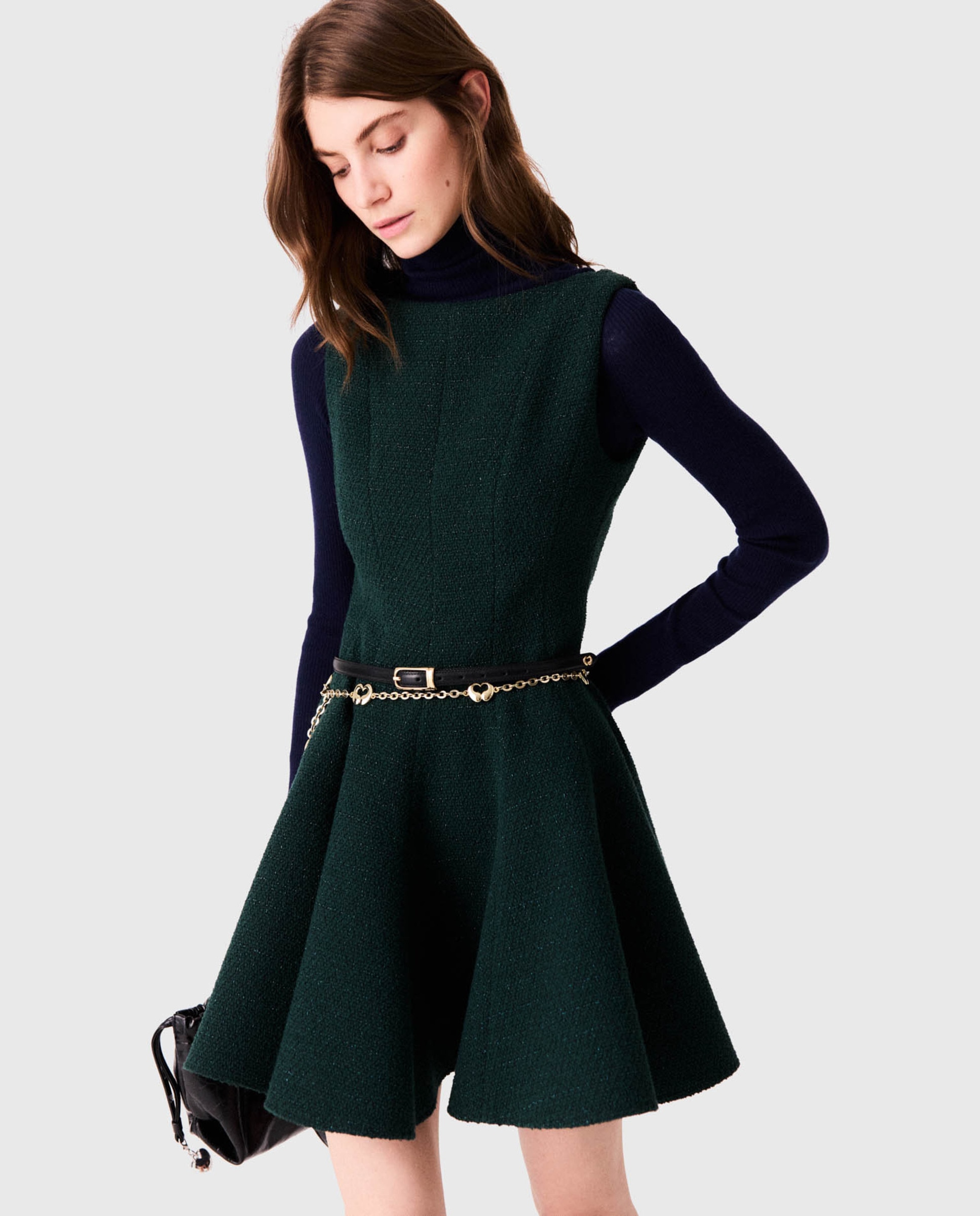 Vestido corto sin mangas de tweed de algodón con falda acampanada - Maje - Verde Verde-6