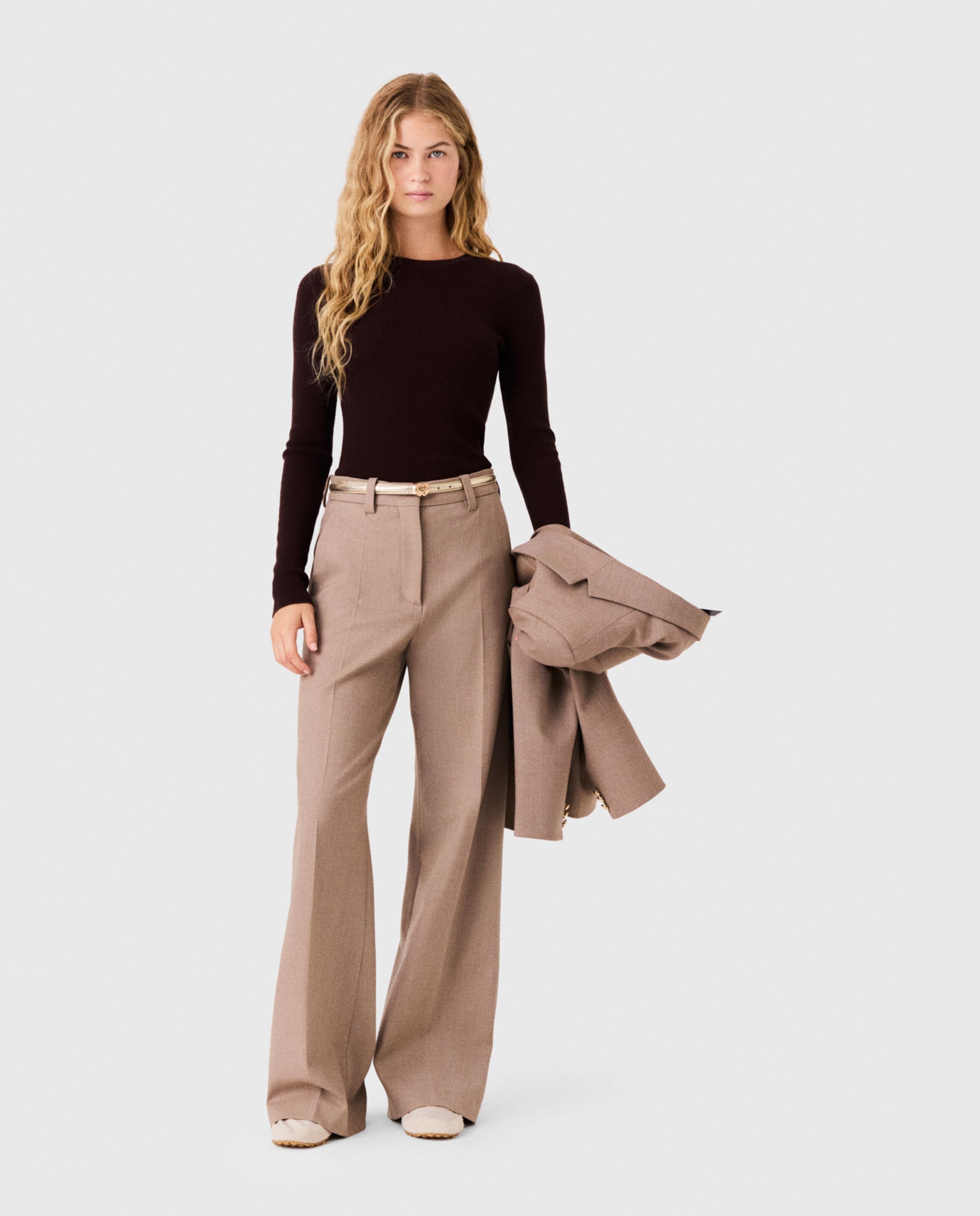 Imagen 0 de Pantalones anchos de mujer sastre de talle alto Beige