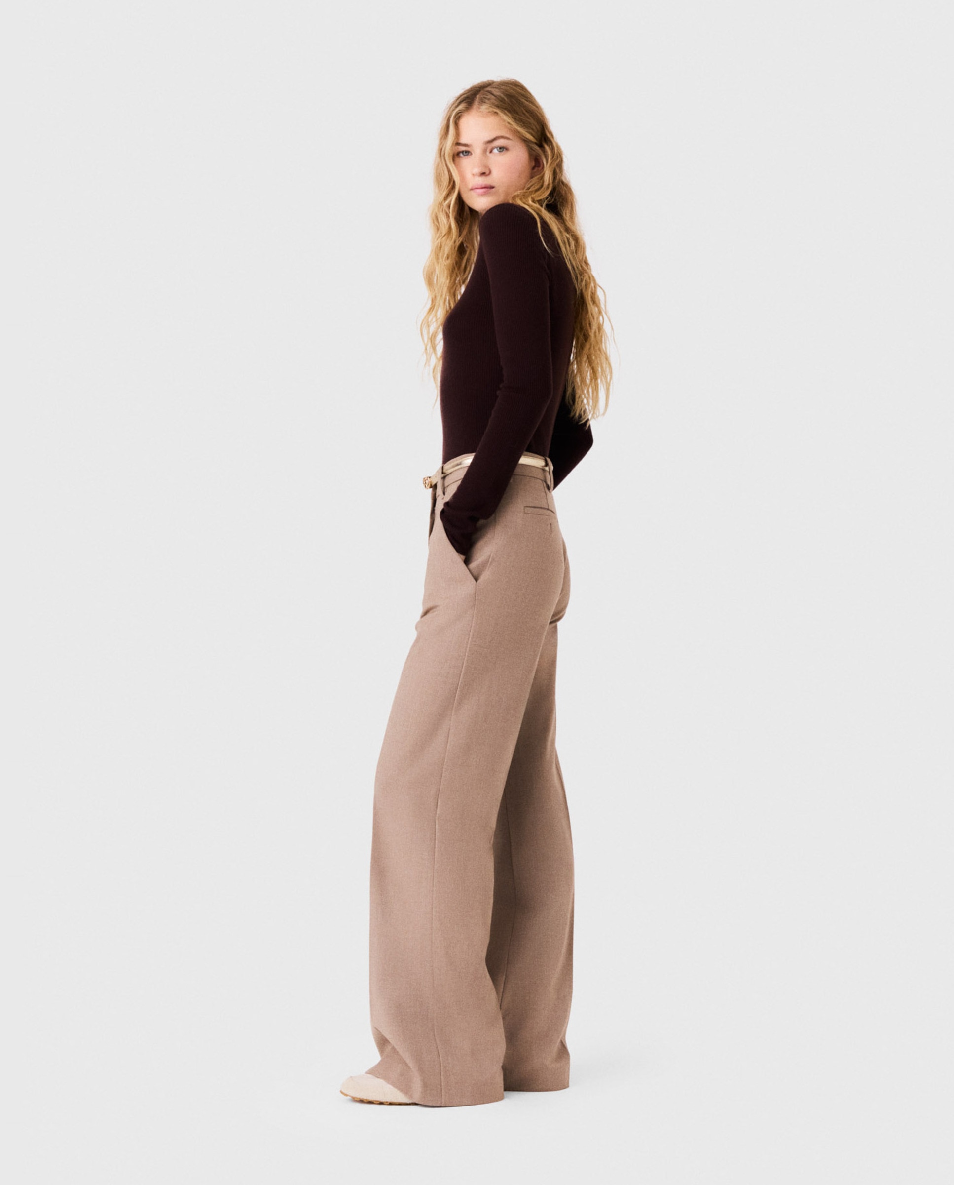 Pantalones anchos de mujer sastre de talle alto - Maje - Beige Beige-3