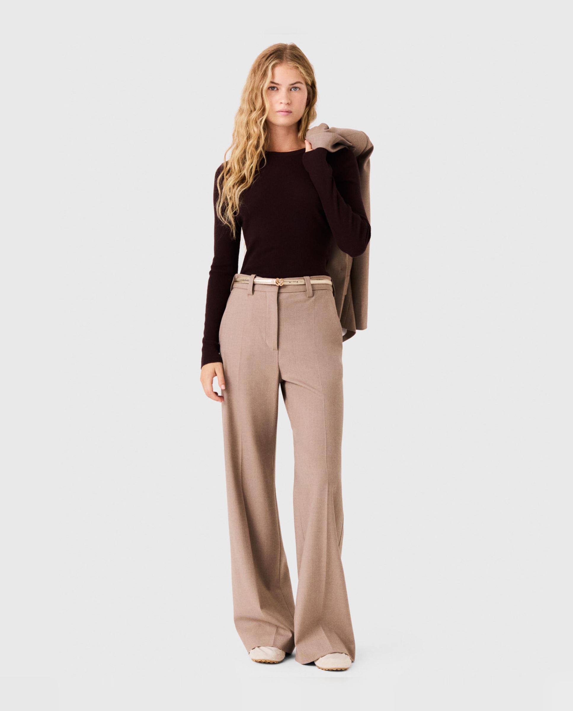 Pantalones anchos de mujer sastre de talle alto - Maje - Beige Beige-5