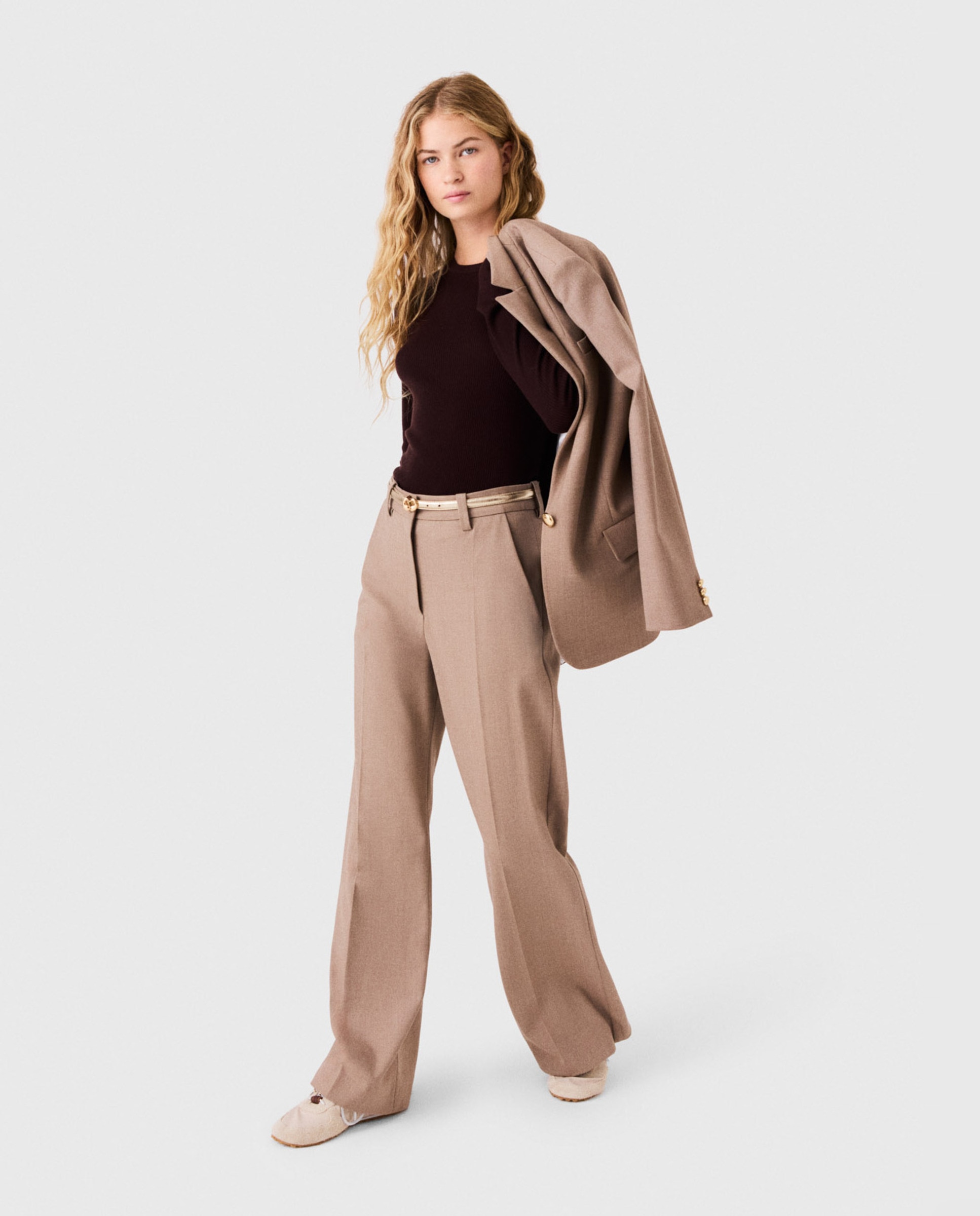 Pantalones anchos de mujer sastre de talle alto - Maje - Beige Beige-6