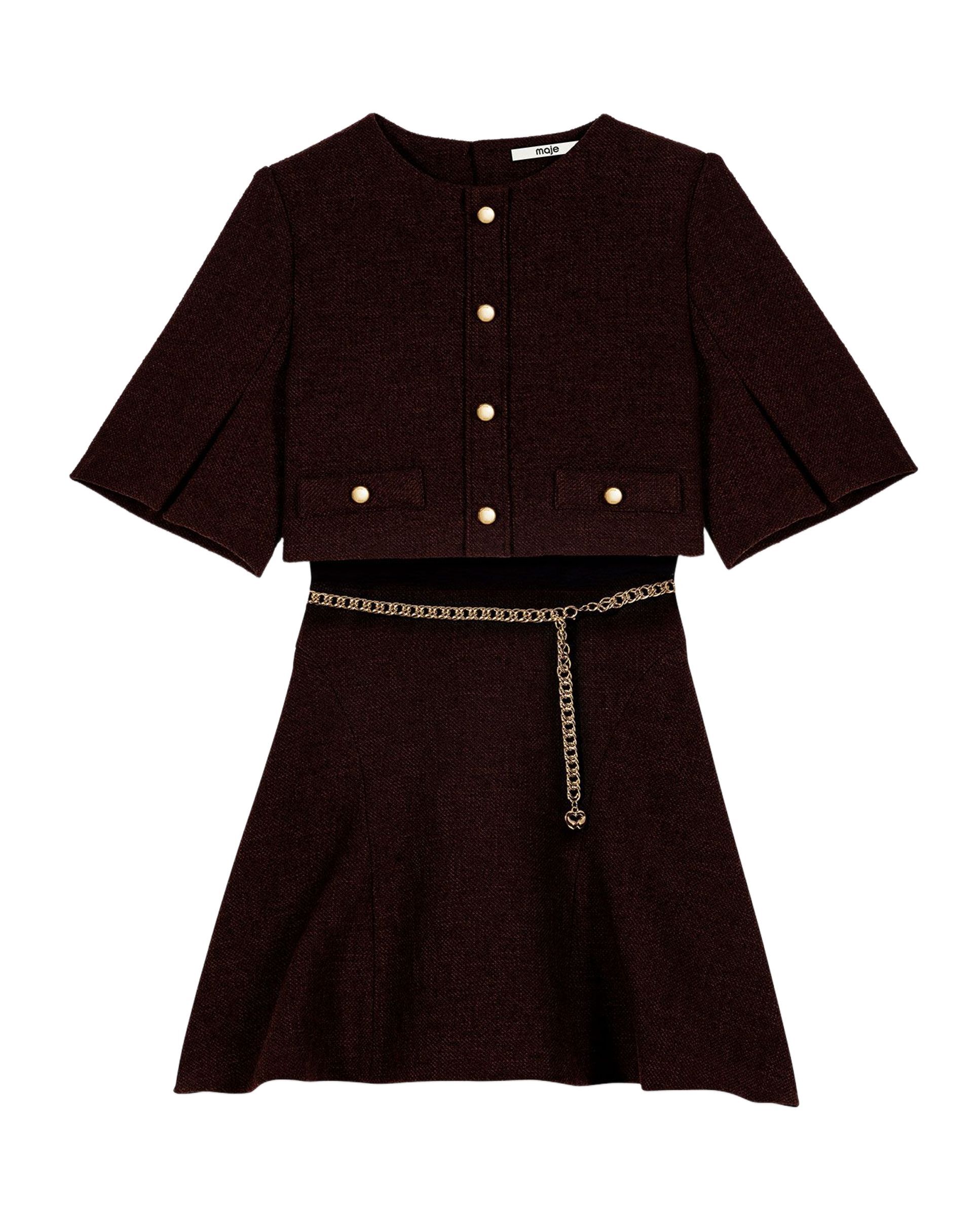 Vestido corto de tweed con capa 2 en 1 - Maje - Marrón oscuro Marrón oscuro-1