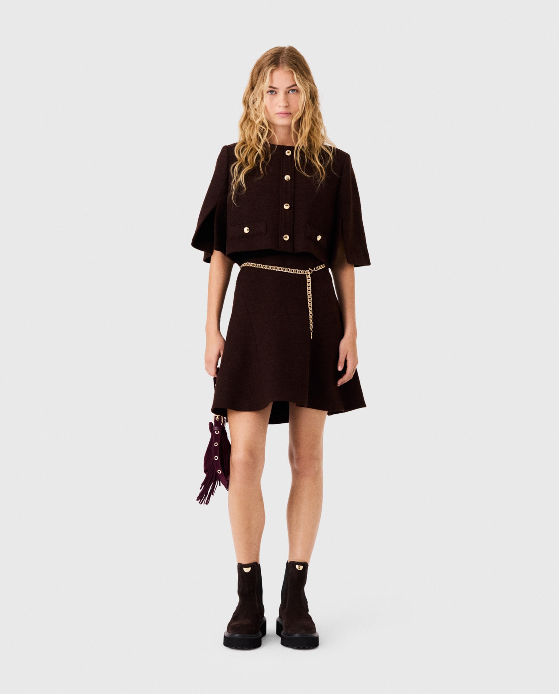Vestido corto de tweed con capa 2 en 1 - Maje - Marrón oscuro Marrón oscuro-2