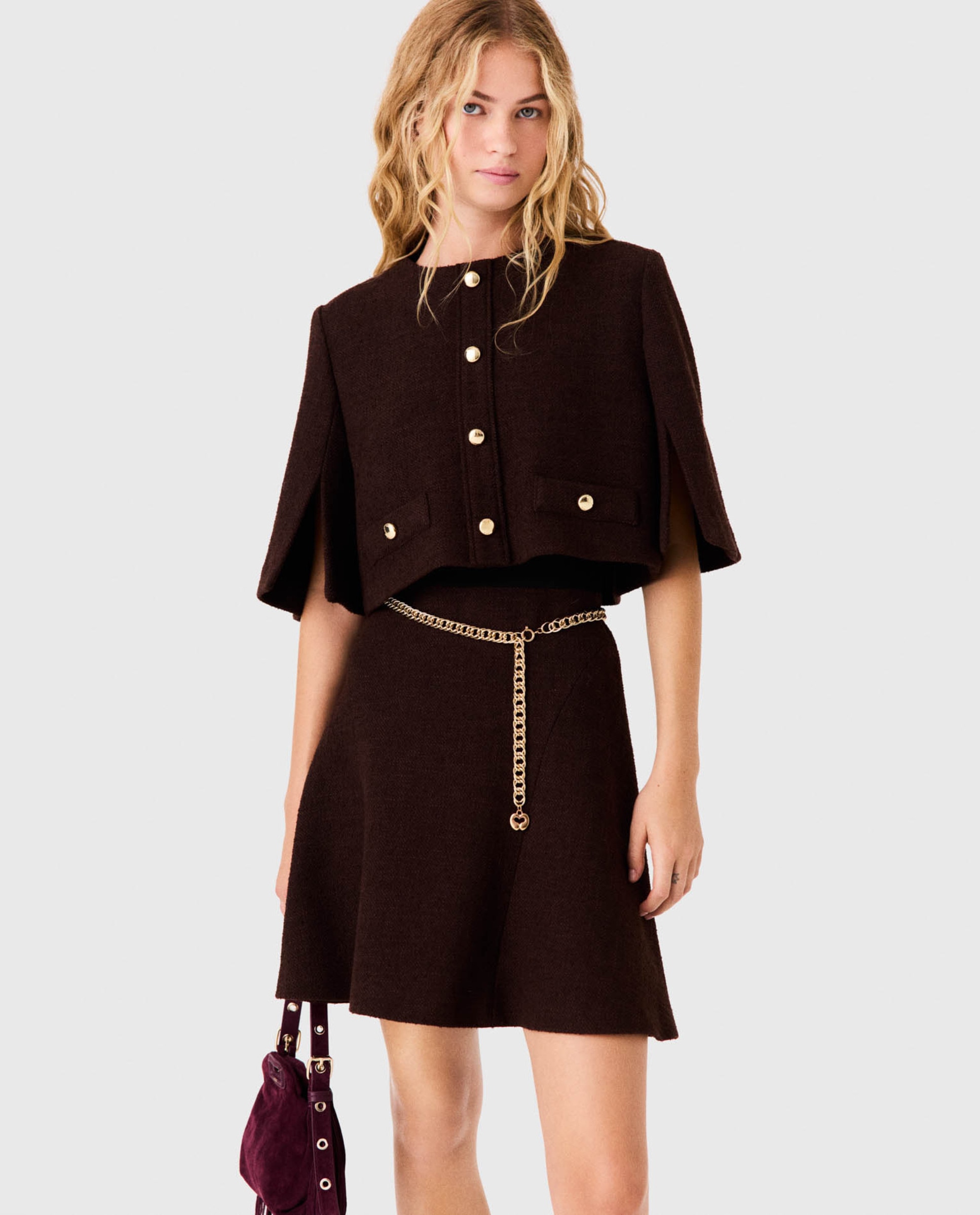 Vestido corto de tweed con capa 2 en 1 - Maje - Marrón oscuro Marrón oscuro-5