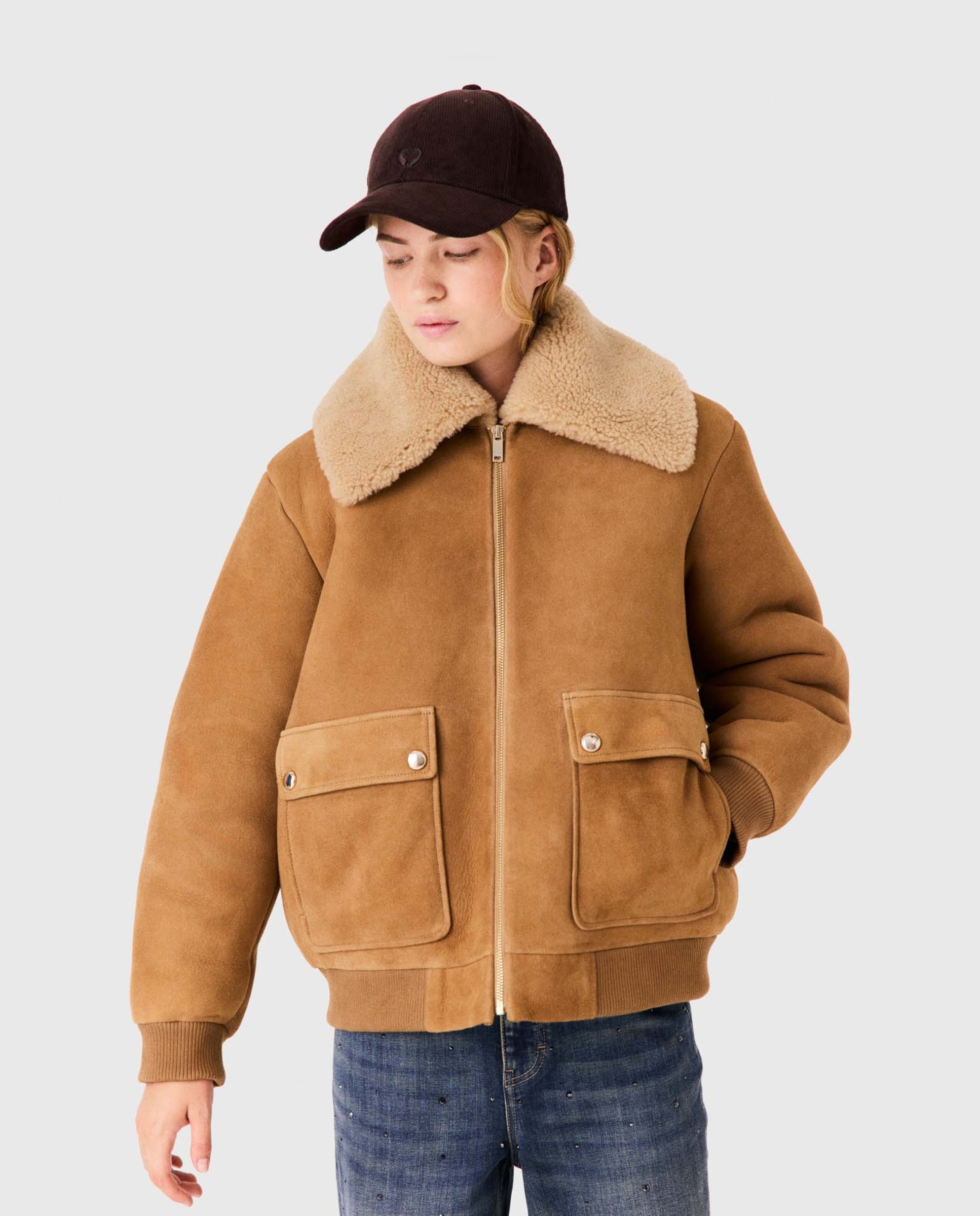Cazadora de mujer de piel doble faz con cuello ancho - Maje - Beige Beige-1