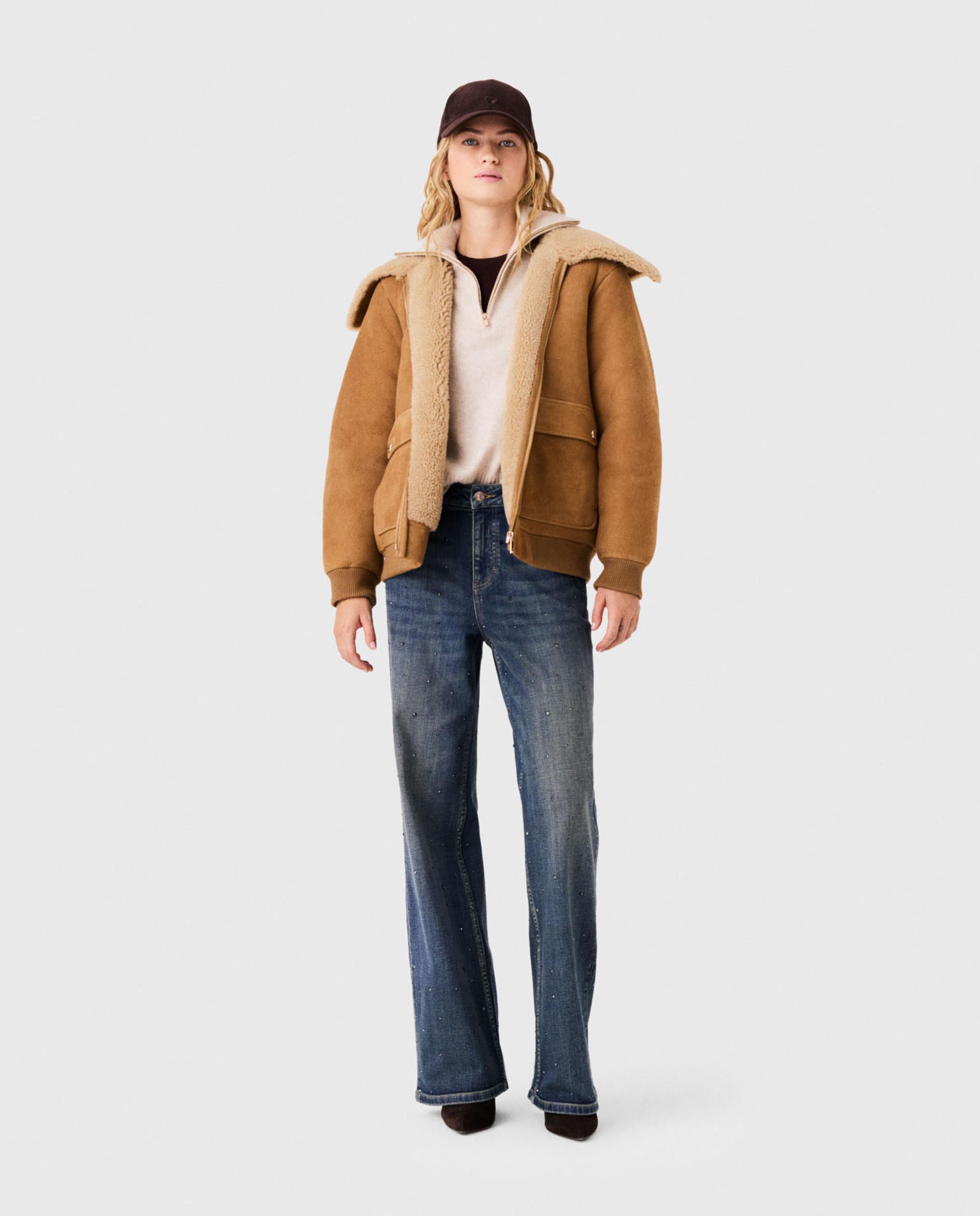 Cazadora de mujer de piel doble faz con cuello ancho - Maje - Beige Beige-4