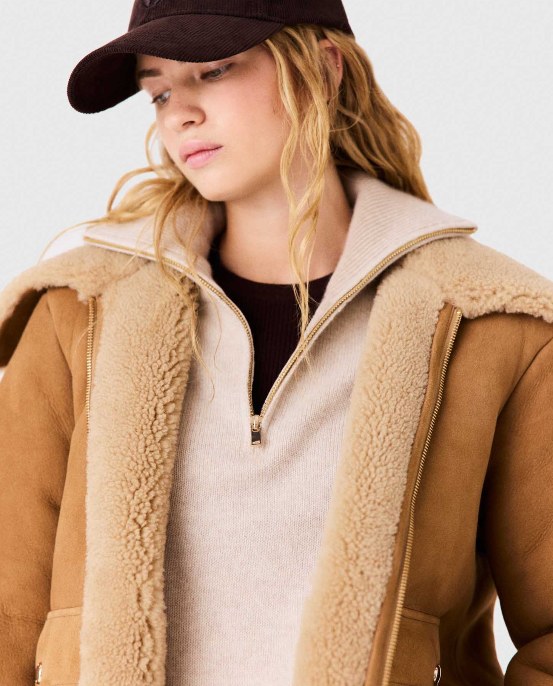 Cazadora de mujer de piel doble faz con cuello ancho - Maje - Beige Beige-5