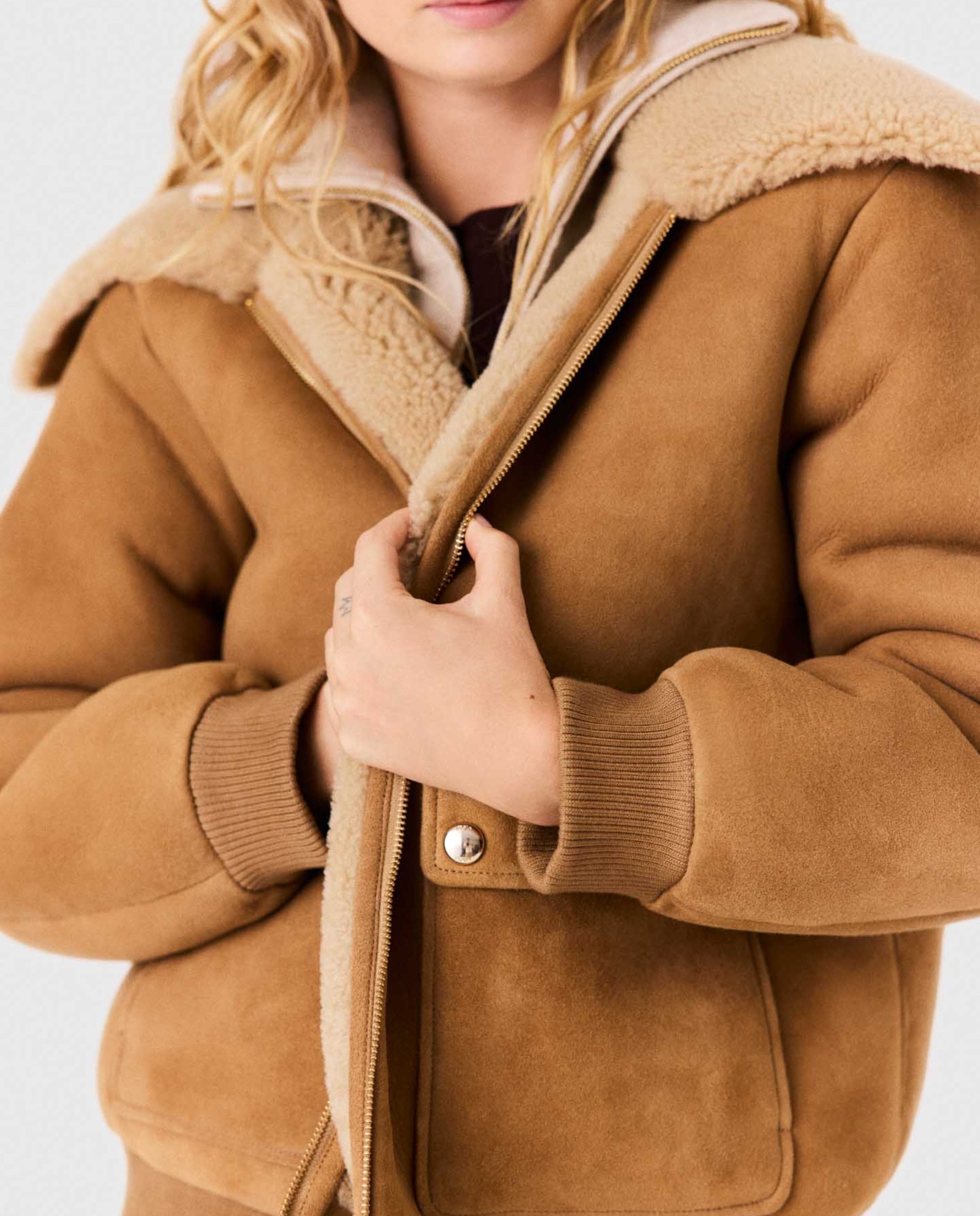 Cazadora de mujer de piel doble faz con cuello ancho - Maje - Beige Beige-6