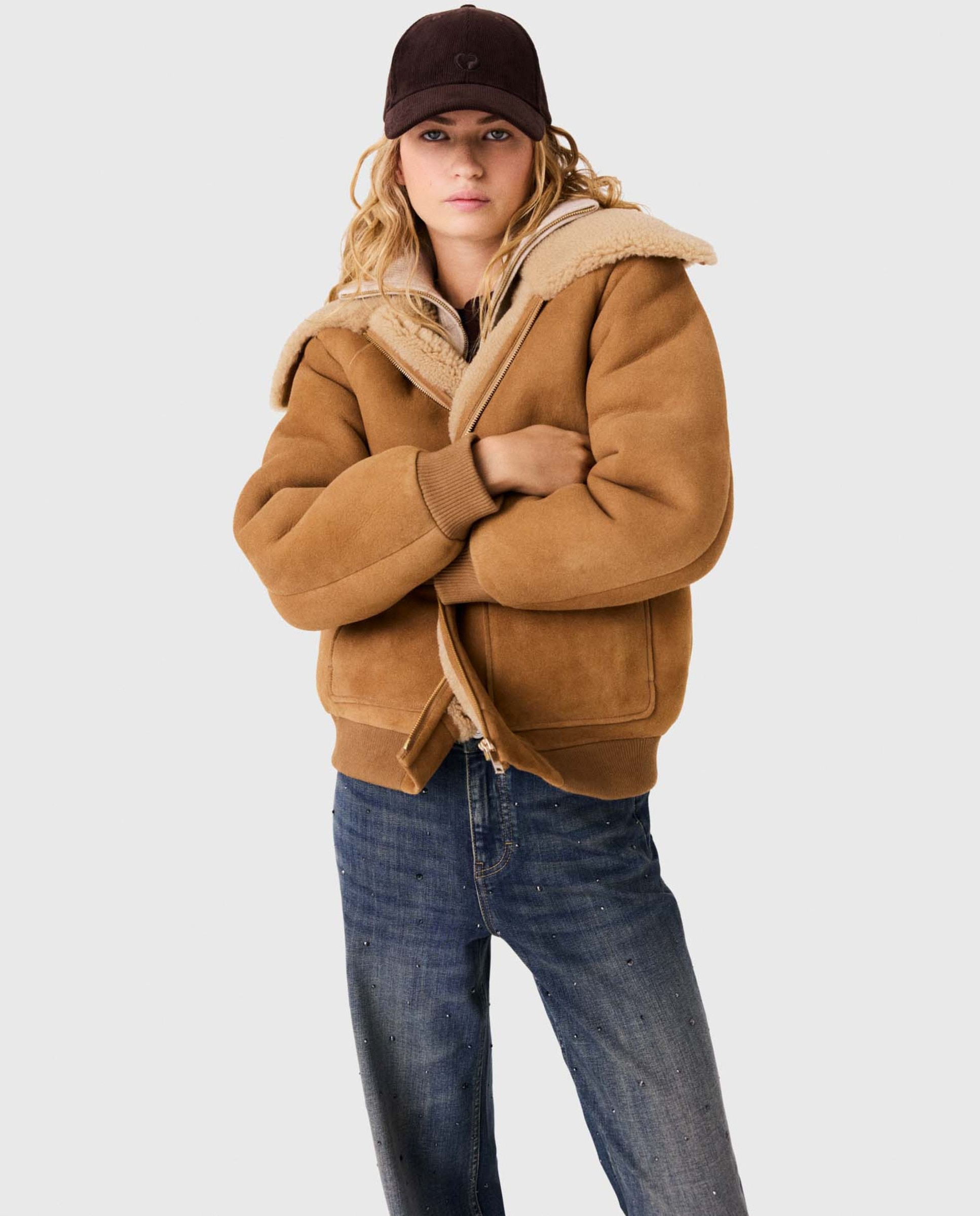 Cazadora de mujer de piel doble faz con cuello ancho - Maje - Beige Beige-7
