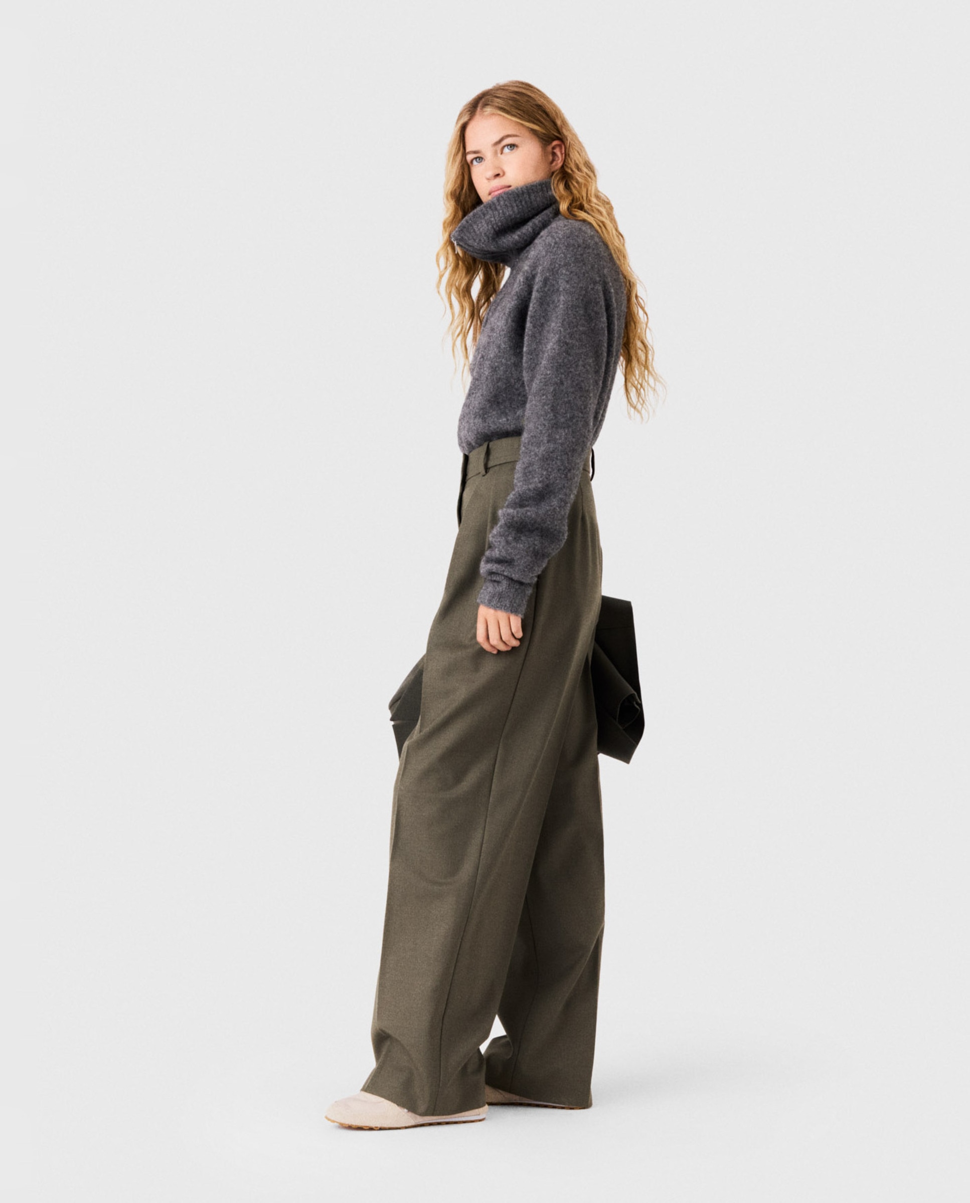 Pantalones anchos de mujer sastre con pinzas y lana - Maje - Kaki Kaki-4