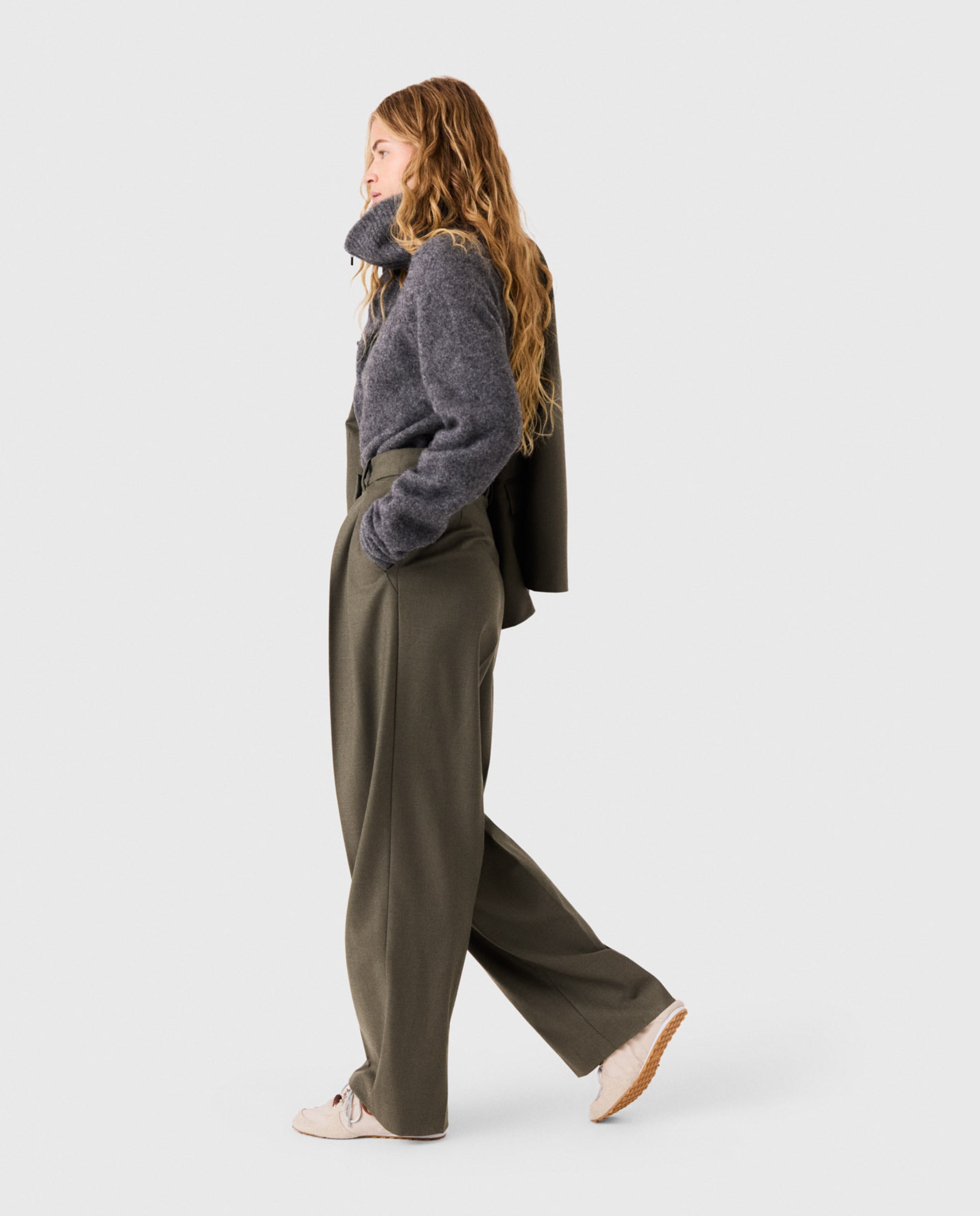 Pantalones anchos de mujer sastre con pinzas y lana - Maje - Kaki Kaki-5