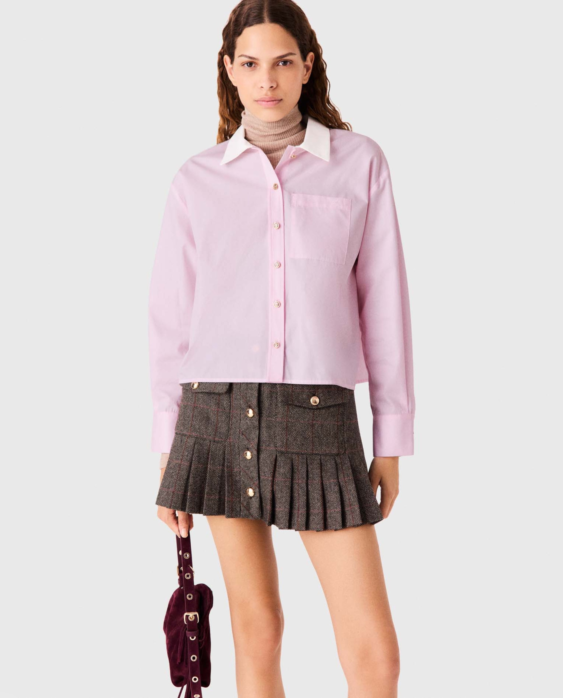 Camisa de mujer corta con cuello en contraste - Maje - Rosa Rosa-1