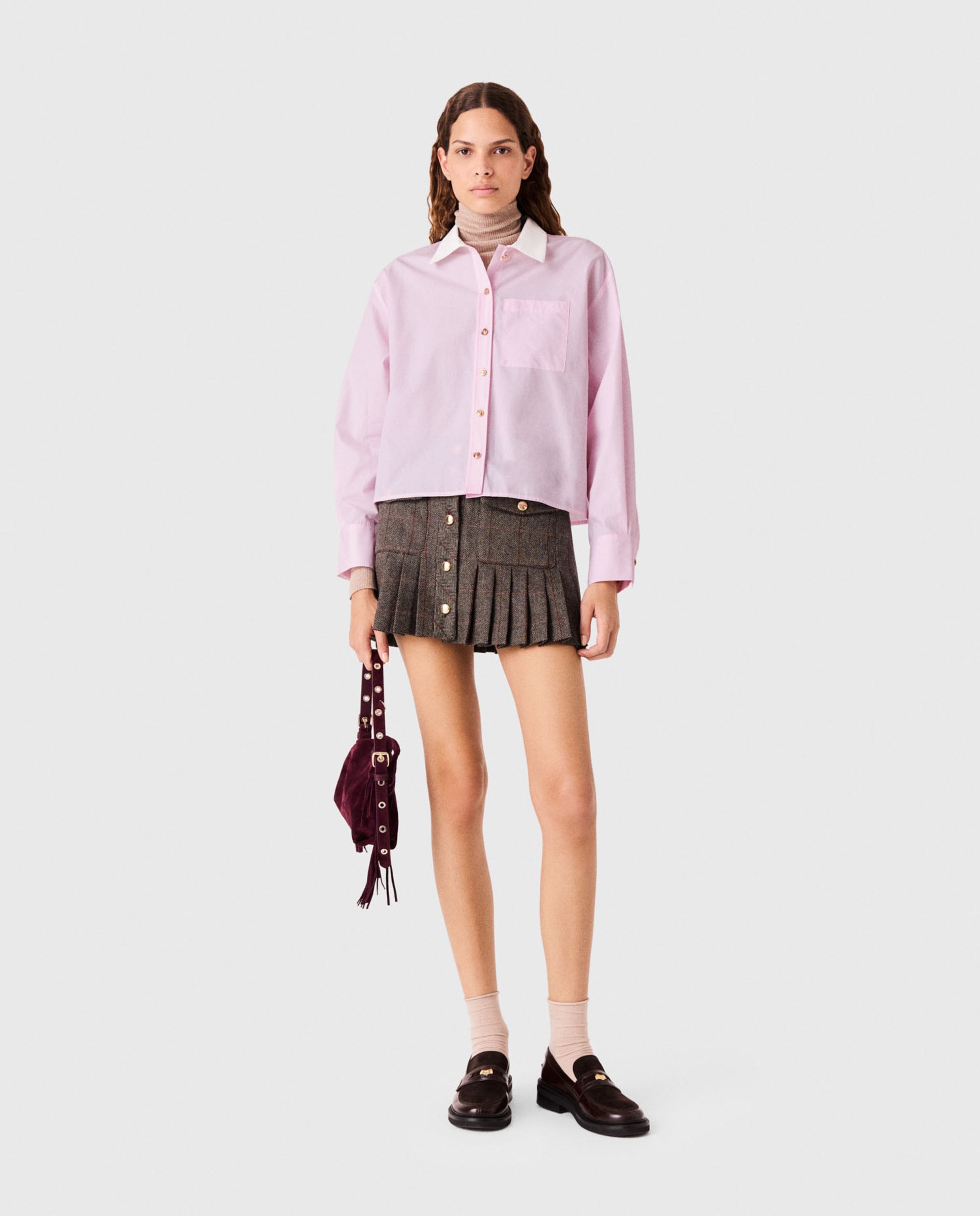 Camisa de mujer corta con cuello en contraste - Maje - Rosa Rosa-4