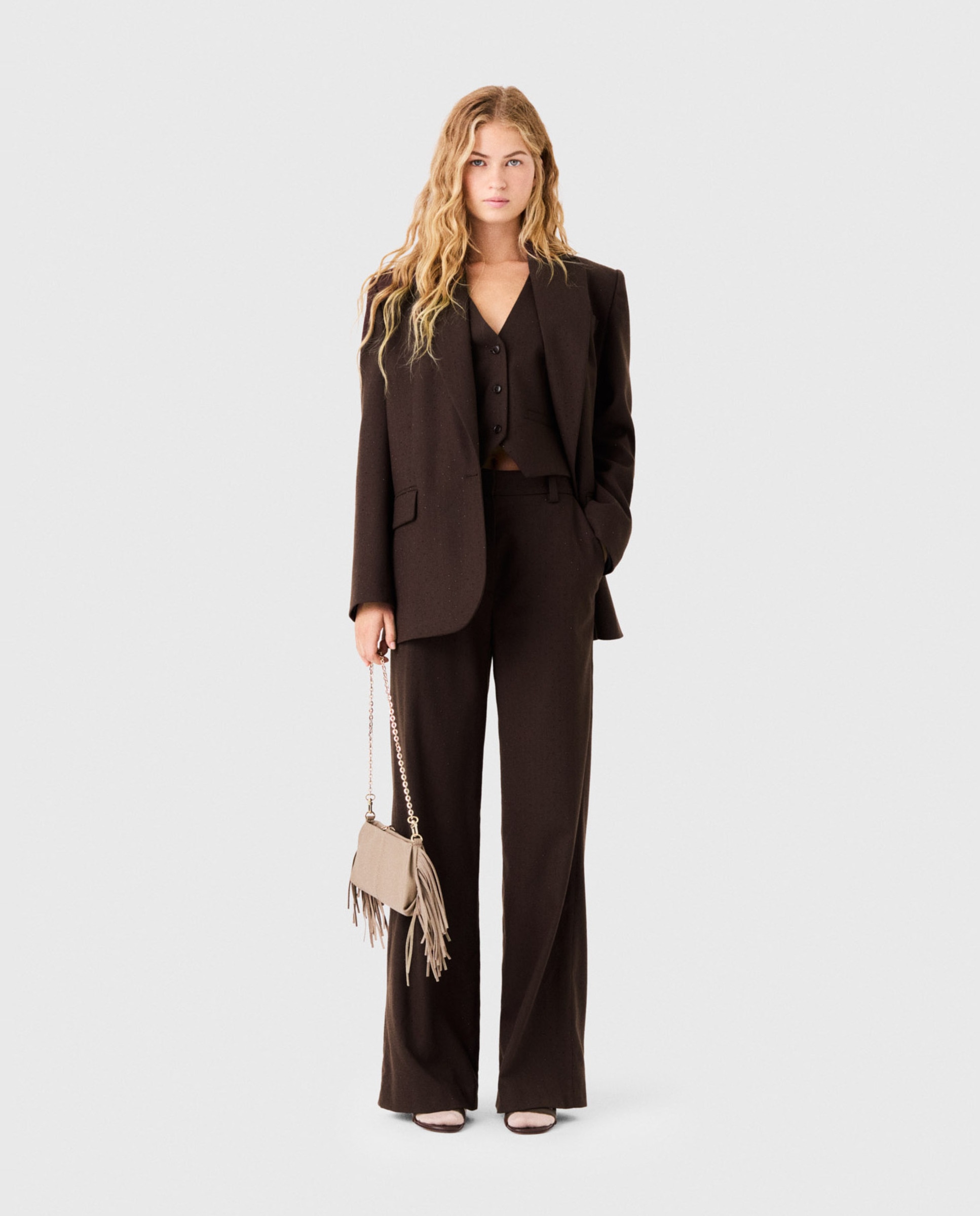 Pantalones anchos de mujer de traje con strass - Maje - Marrón Marrón-2