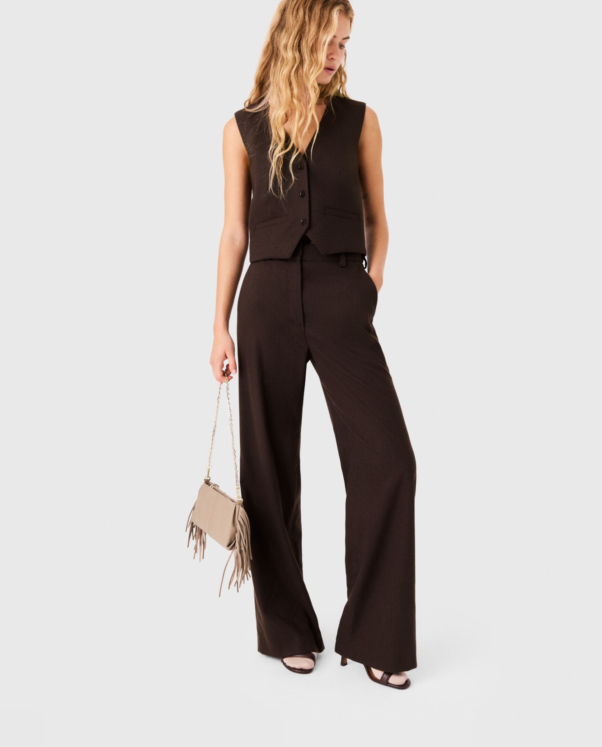Pantalones anchos de mujer de traje con strass - Maje - Marrón Marrón-3
