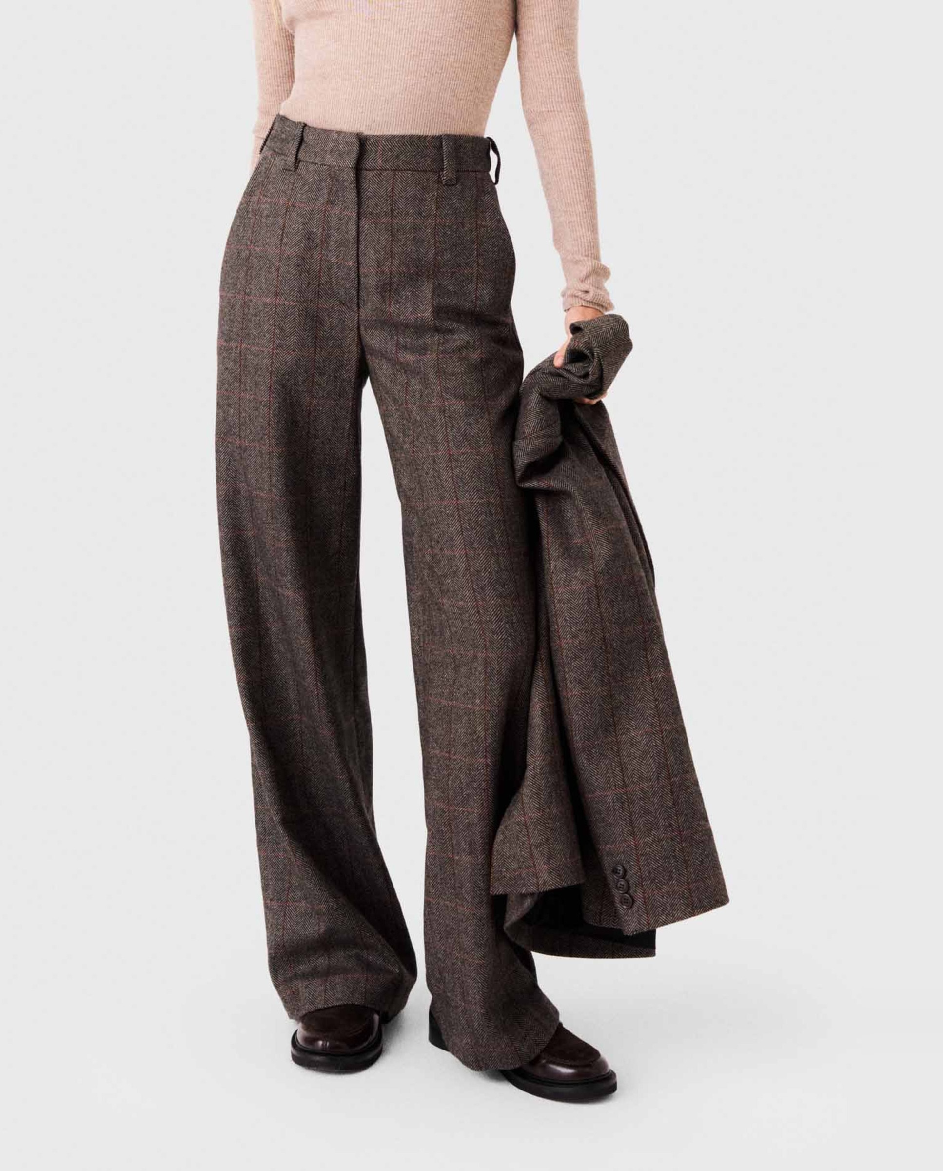 Pantalones anchos de mujer talle alto sastre a cuadros con lana - Maje - Marrón Marrón-2