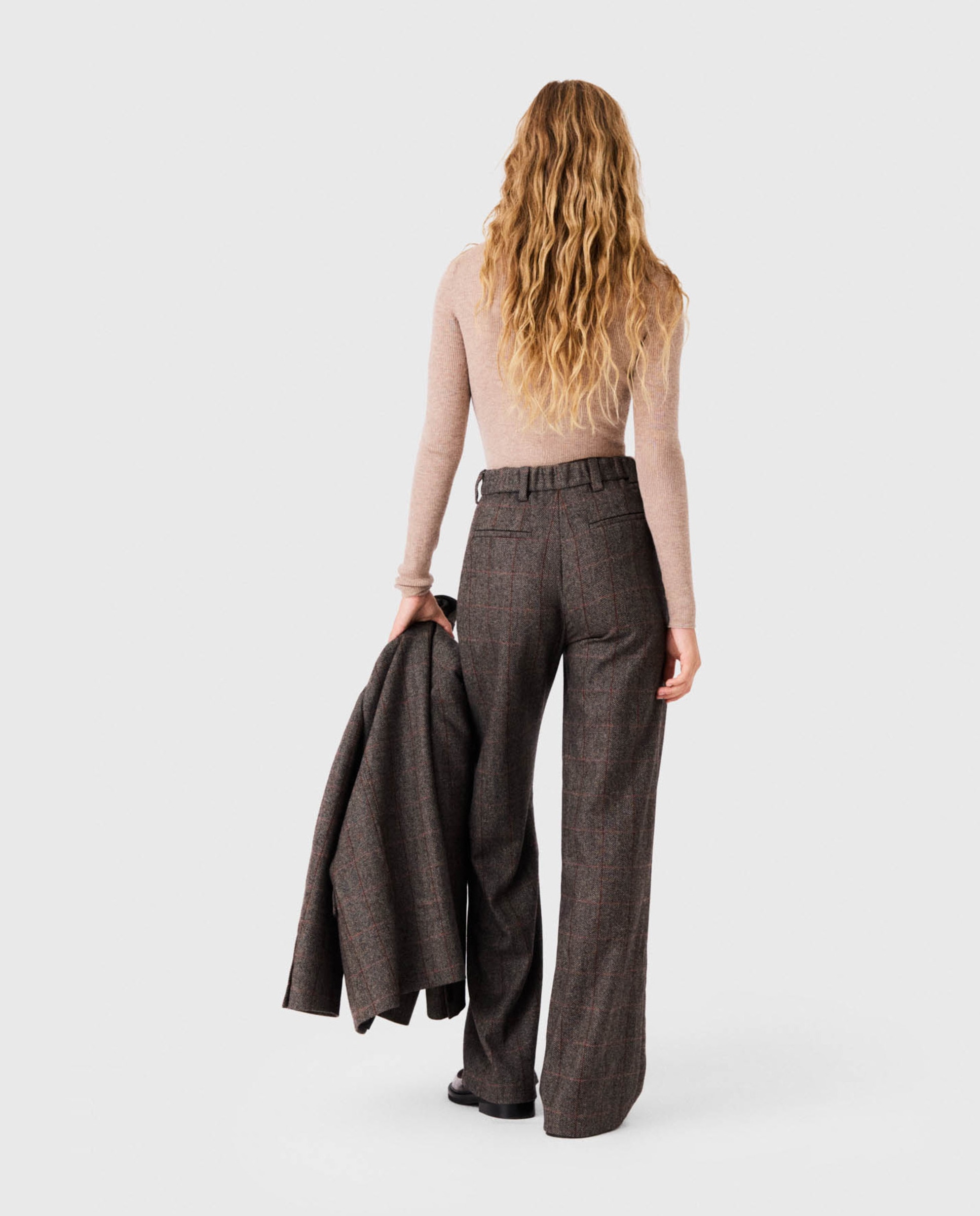 Pantalones anchos de mujer talle alto sastre a cuadros con lana - Maje - Marrón Marrón-3