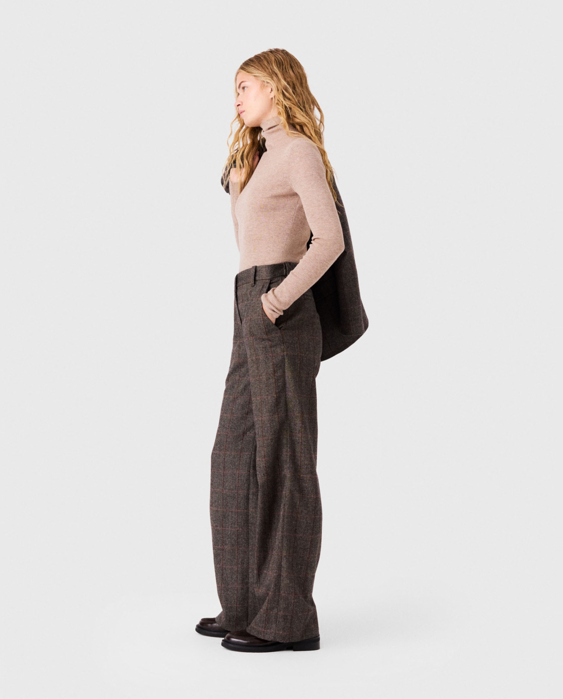 Pantalones anchos de mujer talle alto sastre a cuadros con lana - Maje - Marrón Marrón-4