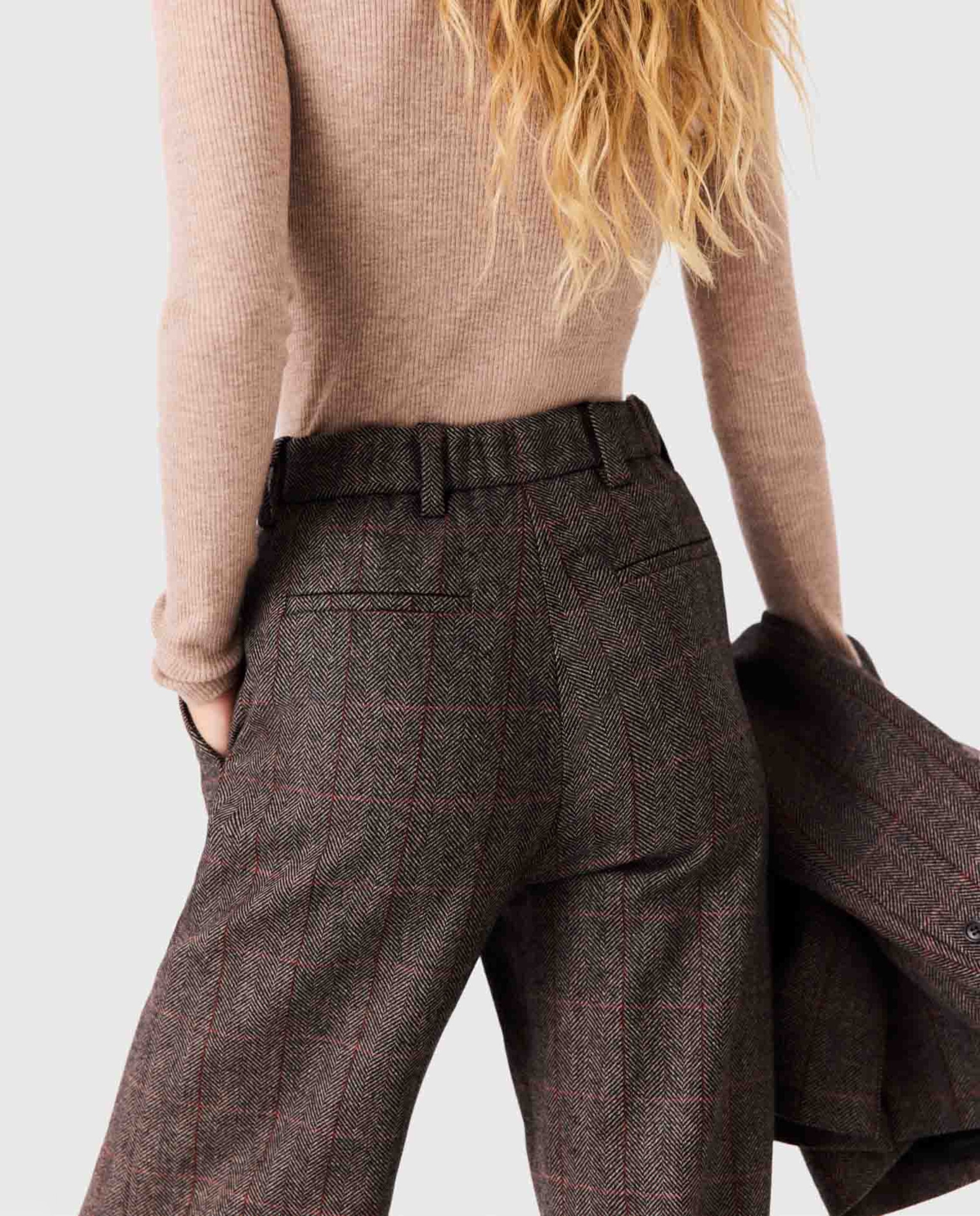 Pantalones anchos de mujer talle alto sastre a cuadros con lana - Maje - Marrón Marrón-5