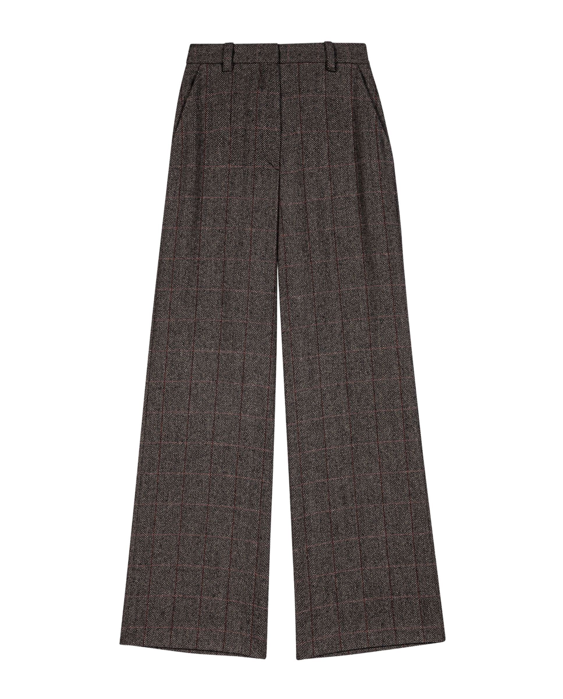Pantalones anchos de mujer talle alto sastre a cuadros con lana - Maje - Marrón Marrón-6
