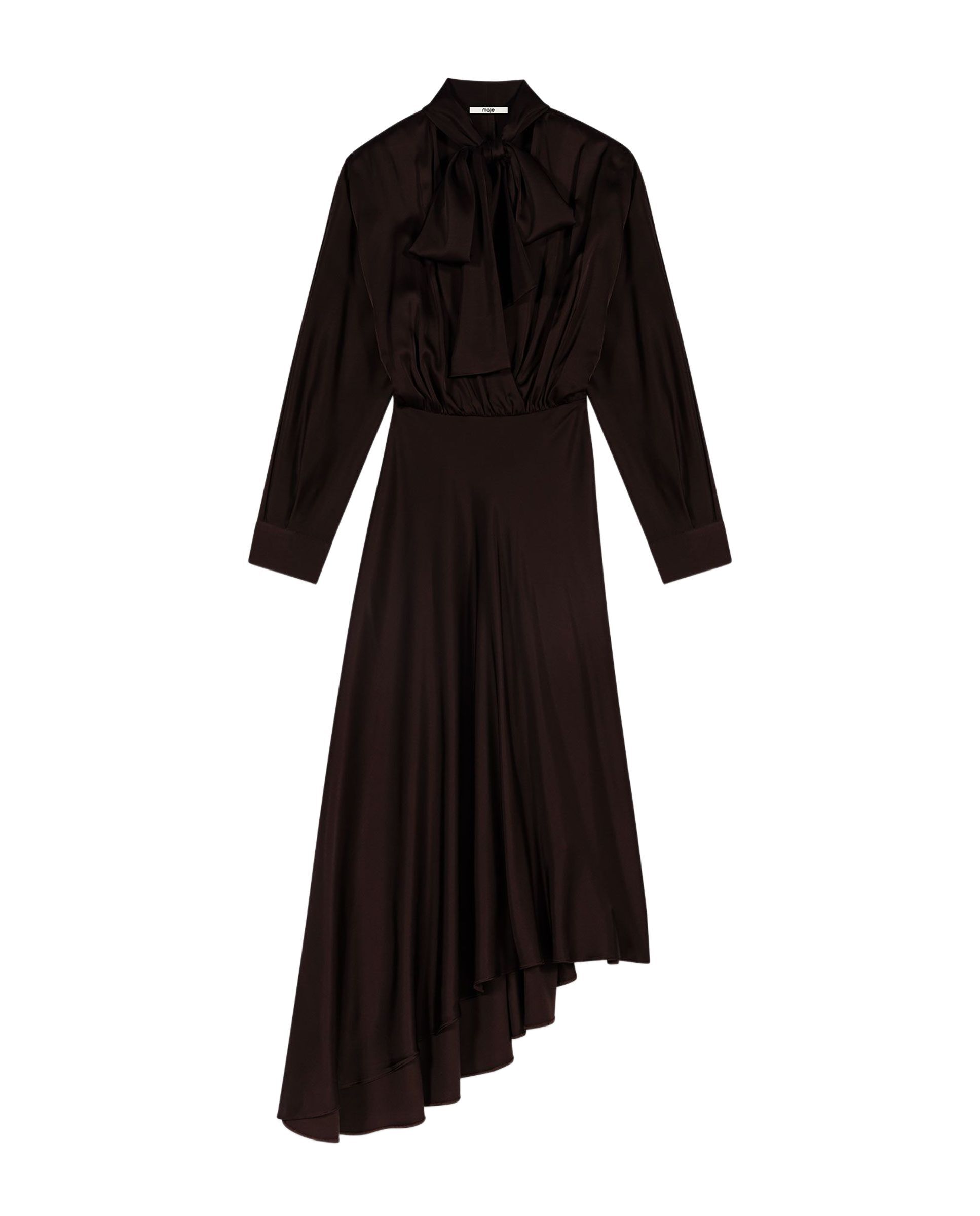 Vestido midi asimétrico de satén con lazada - Maje - Marrón oscuro Marrón oscuro-7