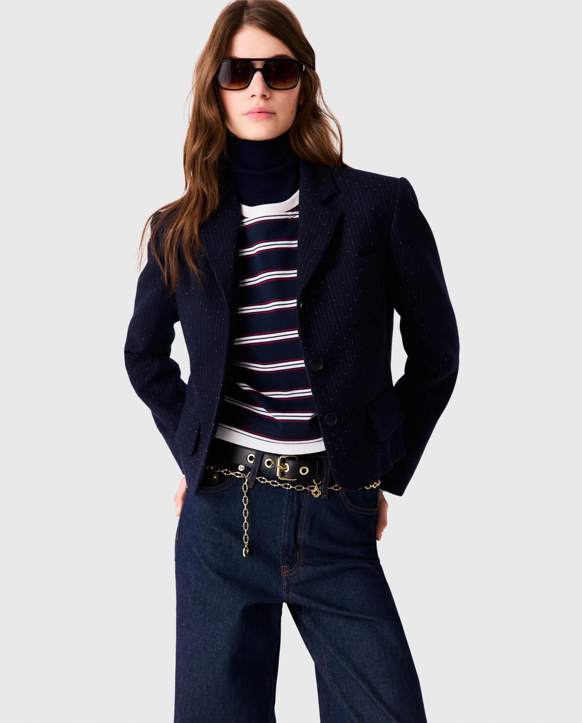 Chaqueta de mujer sastre corta con rayas de lúrex - Maje - Azul marino Azul marino-1