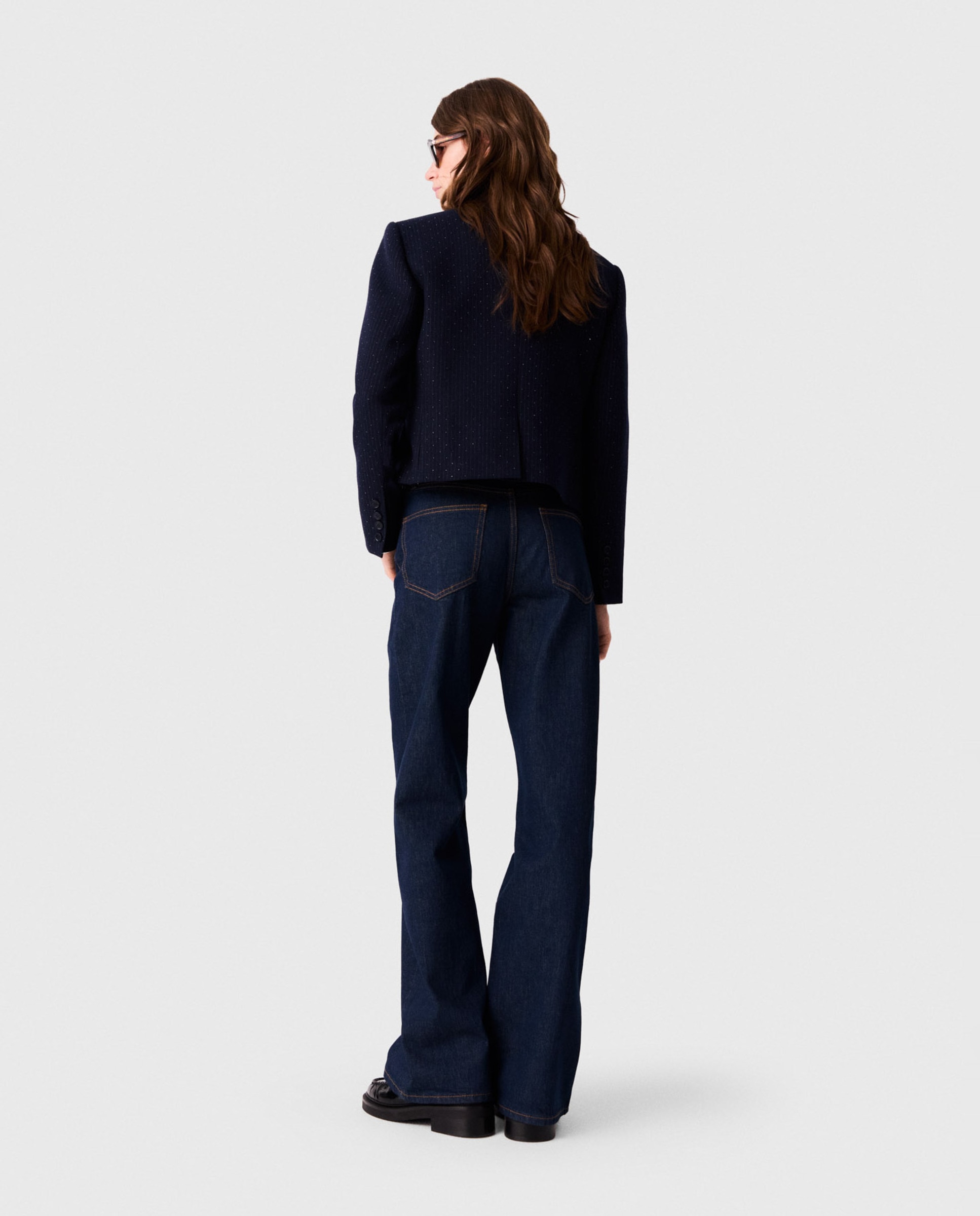 Chaqueta de mujer sastre corta con rayas de lúrex - Maje - Azul marino Azul marino-2
