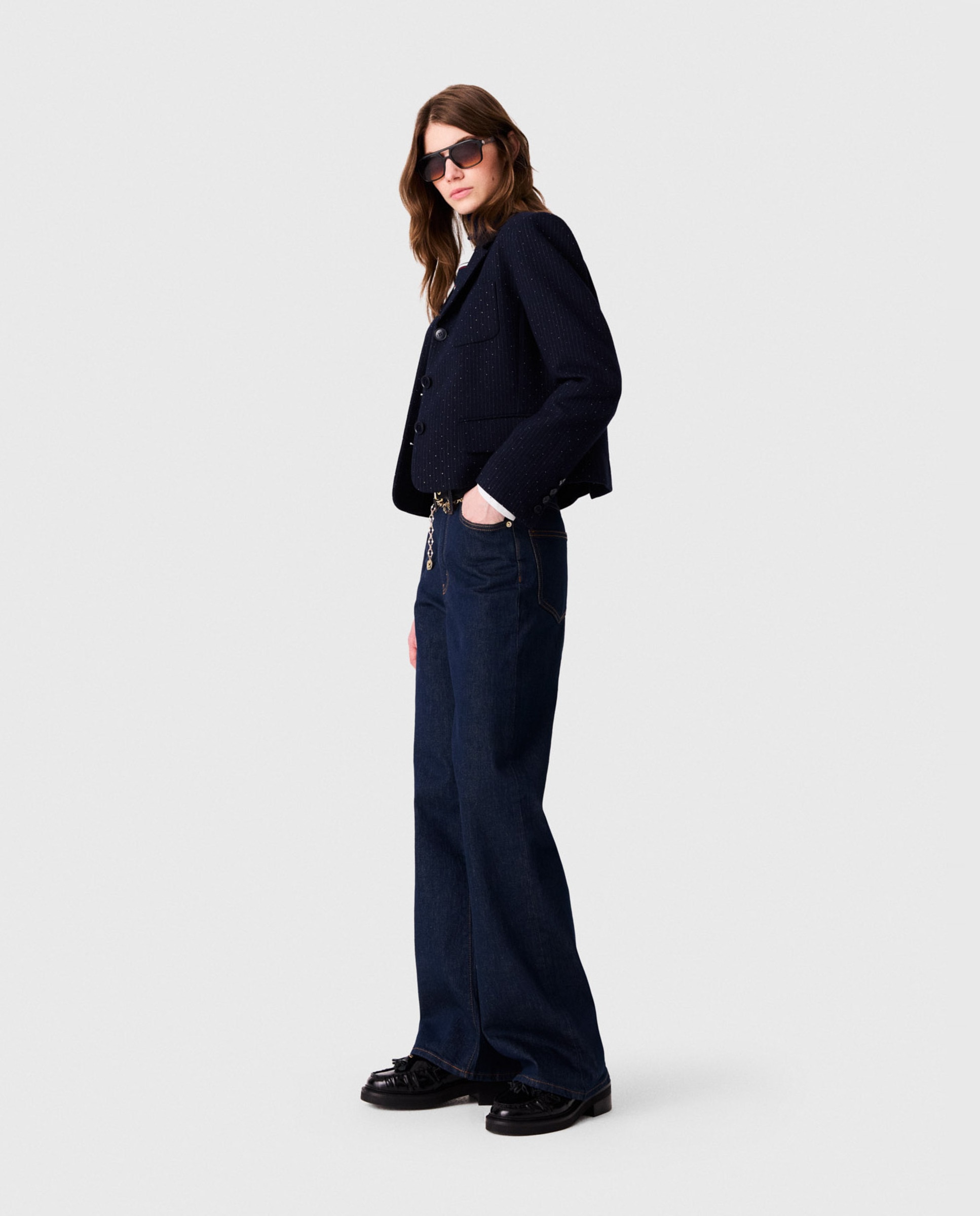 Chaqueta de mujer sastre corta con rayas de lúrex - Maje - Azul marino Azul marino-3