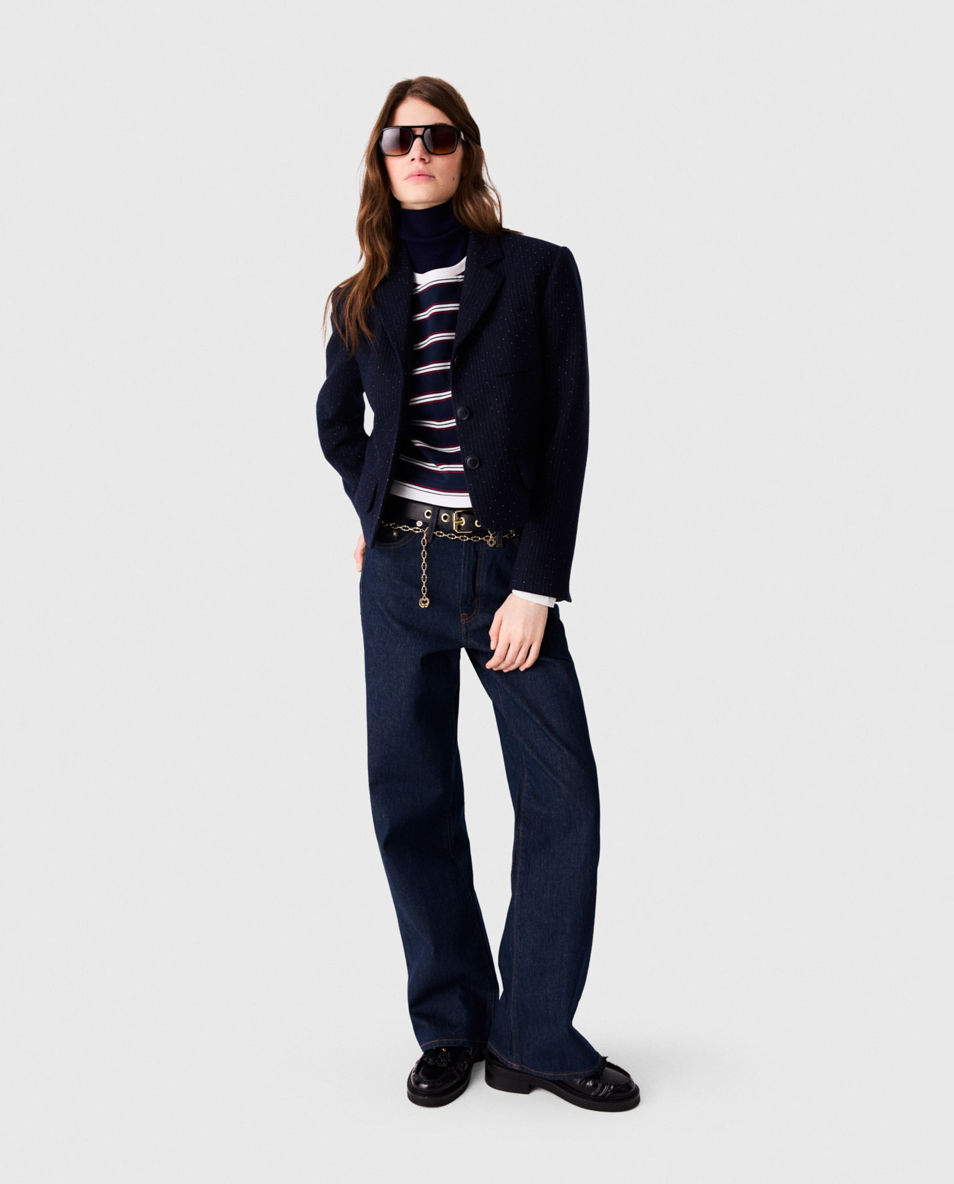 Chaqueta de mujer sastre corta con rayas de lúrex - Maje - Azul marino Azul marino-5